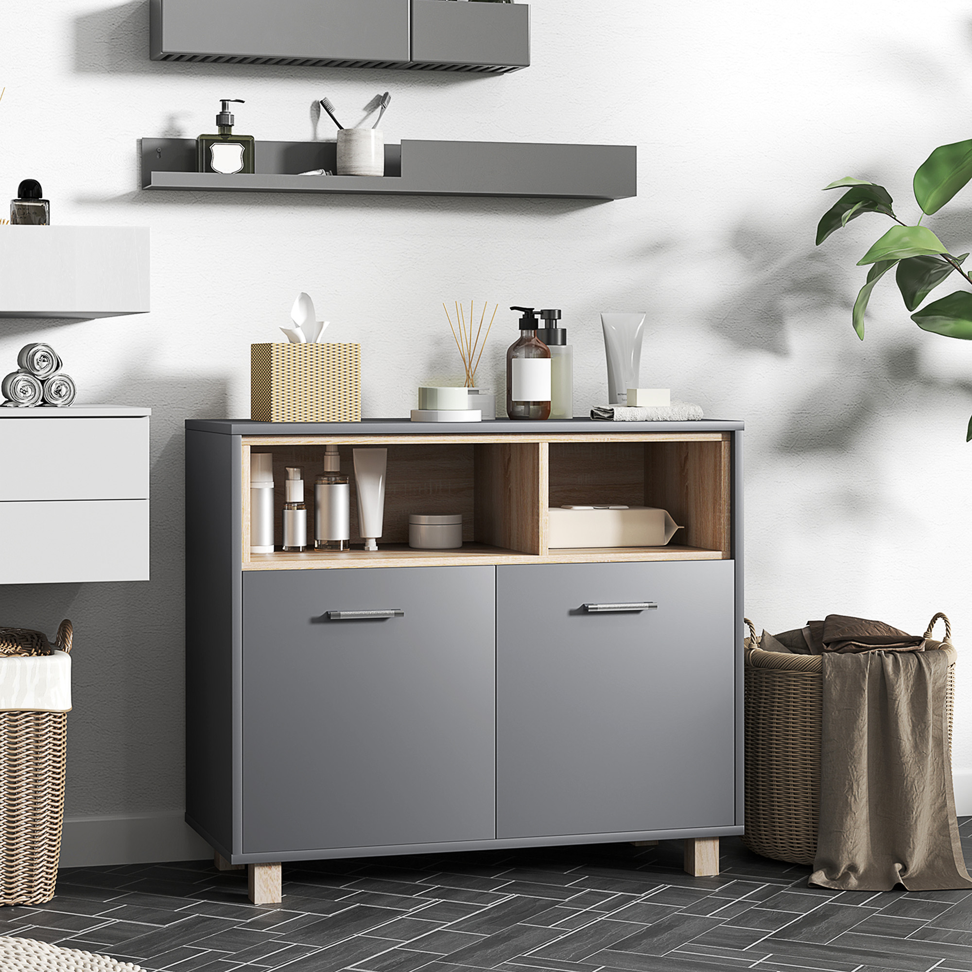 HOMCOM Badezimmerschrank Aufbewahrung, modernes Design mit offenen Fächern und Doppeltüren