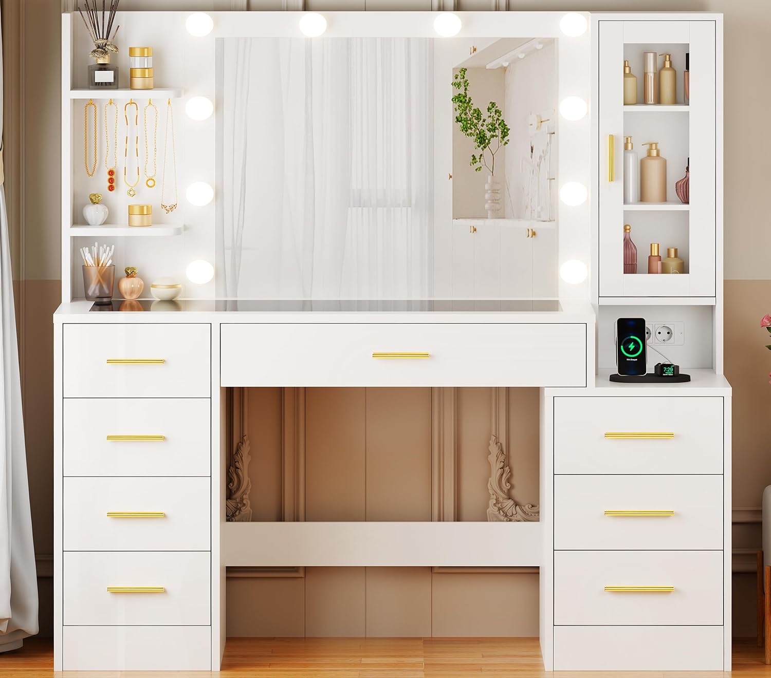 ANWBROAD BDT88W Large Makeup Table with Lights and Mirror, Adjustable Brightness, Make-up Vanity with Glass Top and Sockets on 8 Drawers 3 Open Shelves 5 Hooks Modern White