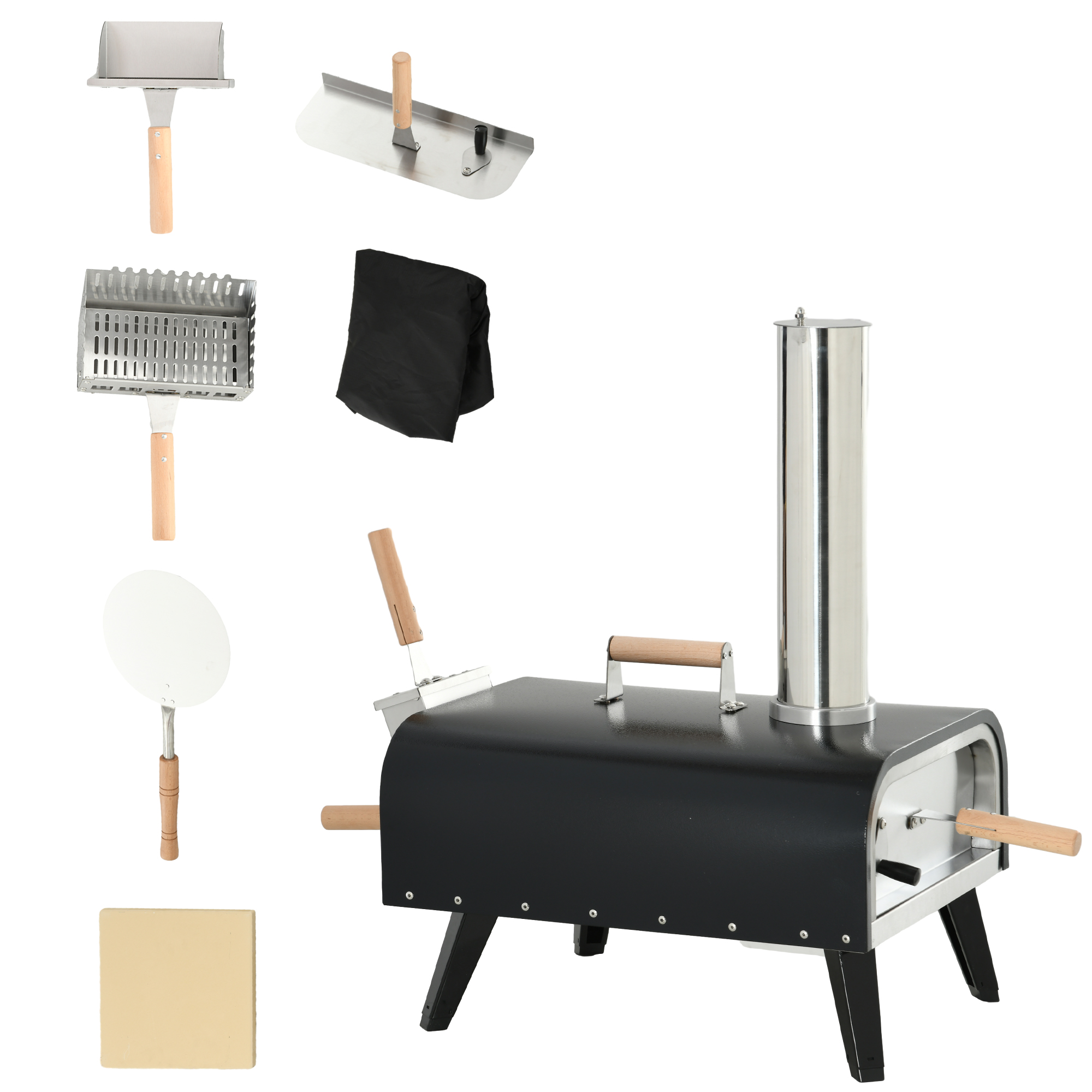 Outsunny Pizzaofen Pizza Holzbackofen, 1 Pizzaschieber, 1 Pizzastein, 81 x 40 x 72 cm, Schwarz + Natur