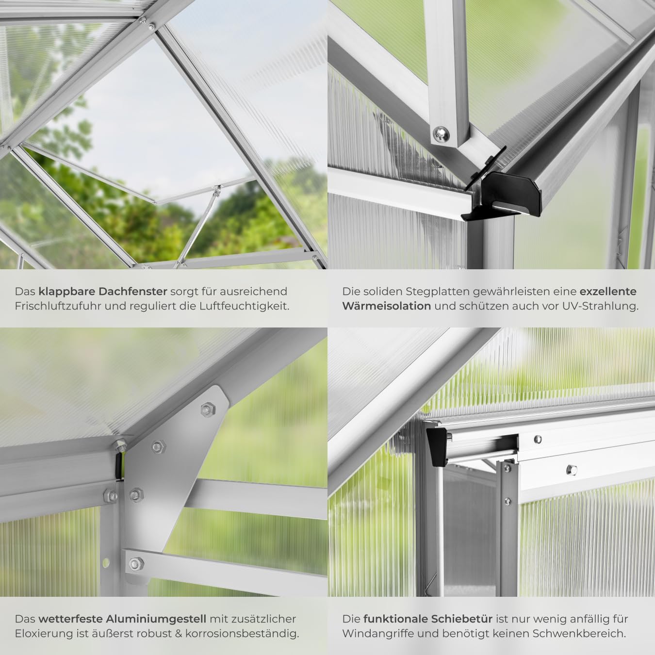 tectake® Aluminium Gewächshaus, 190x185x195 cm, Treibhaus, Tomatenhaus, Frühbeet, Pflanzenhaus, UV beständig, 4 mm Platte, Schiebetür & Dachfenster, Schutz vor Kälte, Regen und Frost - ohne Fundament