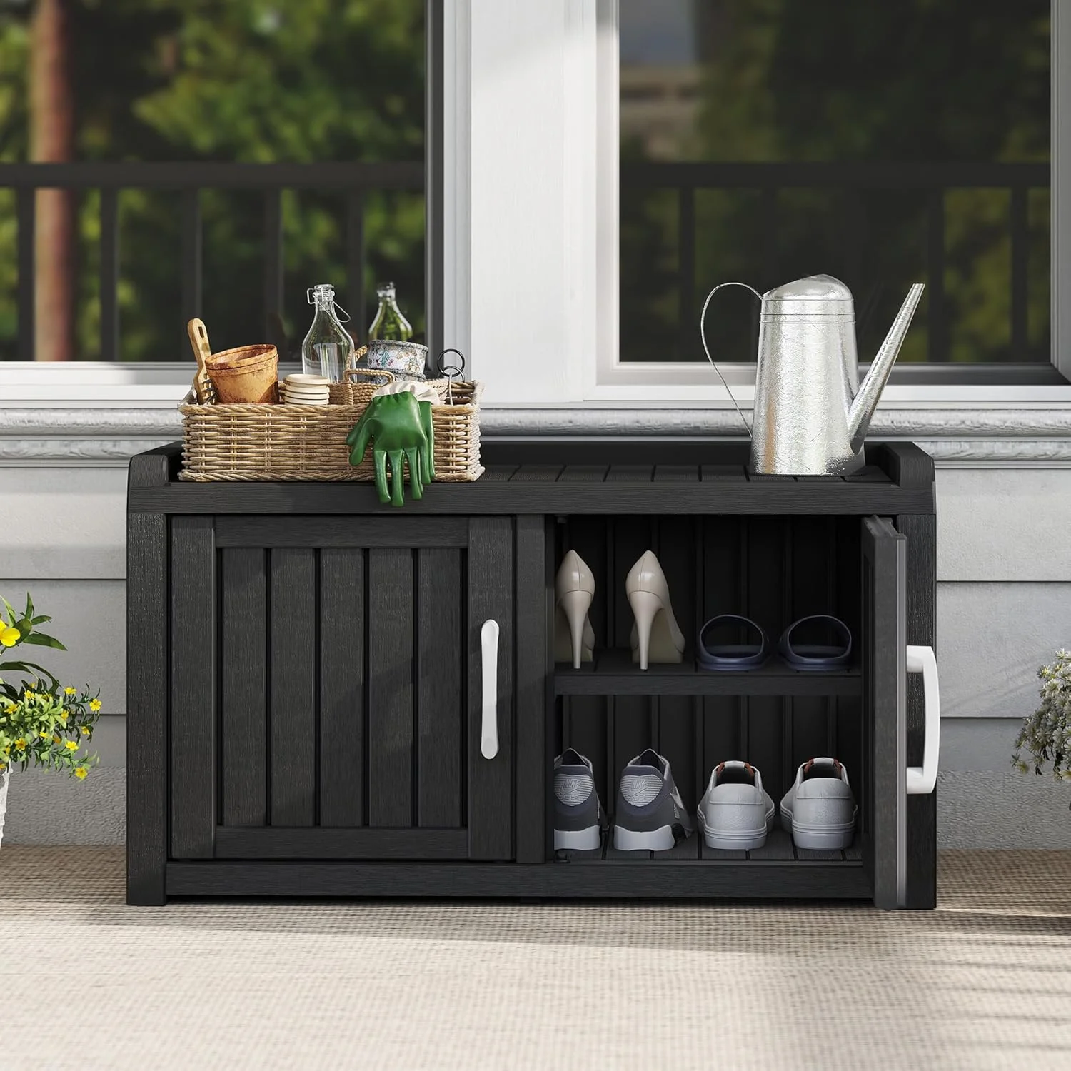 KAMABOKO Outdoor Shoe Storage Cabinet, Waterproof UV-Resistant Entryway Storage Bench Indoor Outdoor with 2 Barn Doors, Adjustable Shelves for Entryway, Bedroom, Hallway,Living Room(Black)