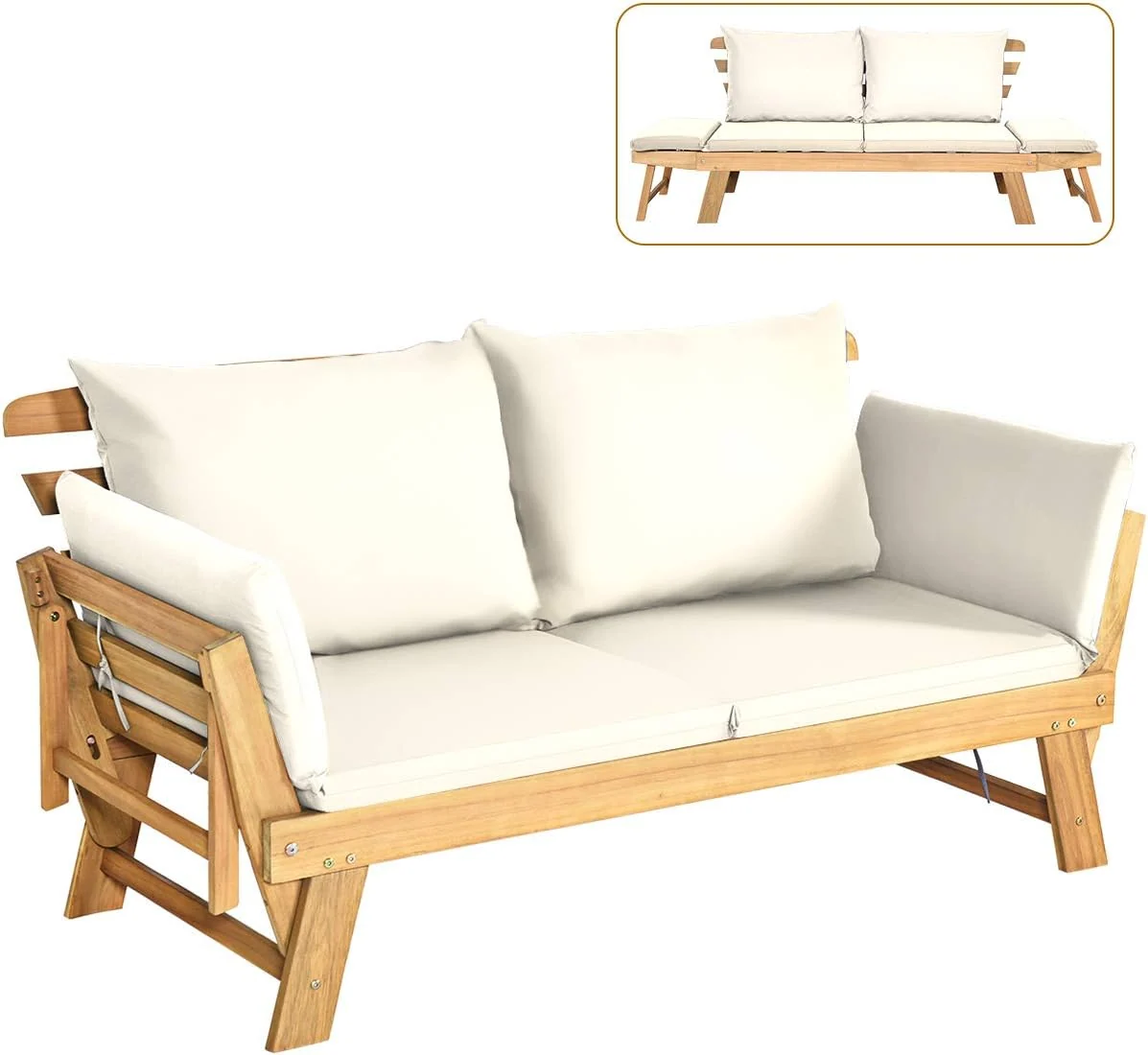COSTWAY Gartenbank Holz mit Liegefunktion, Gartensofa mit Auflagen