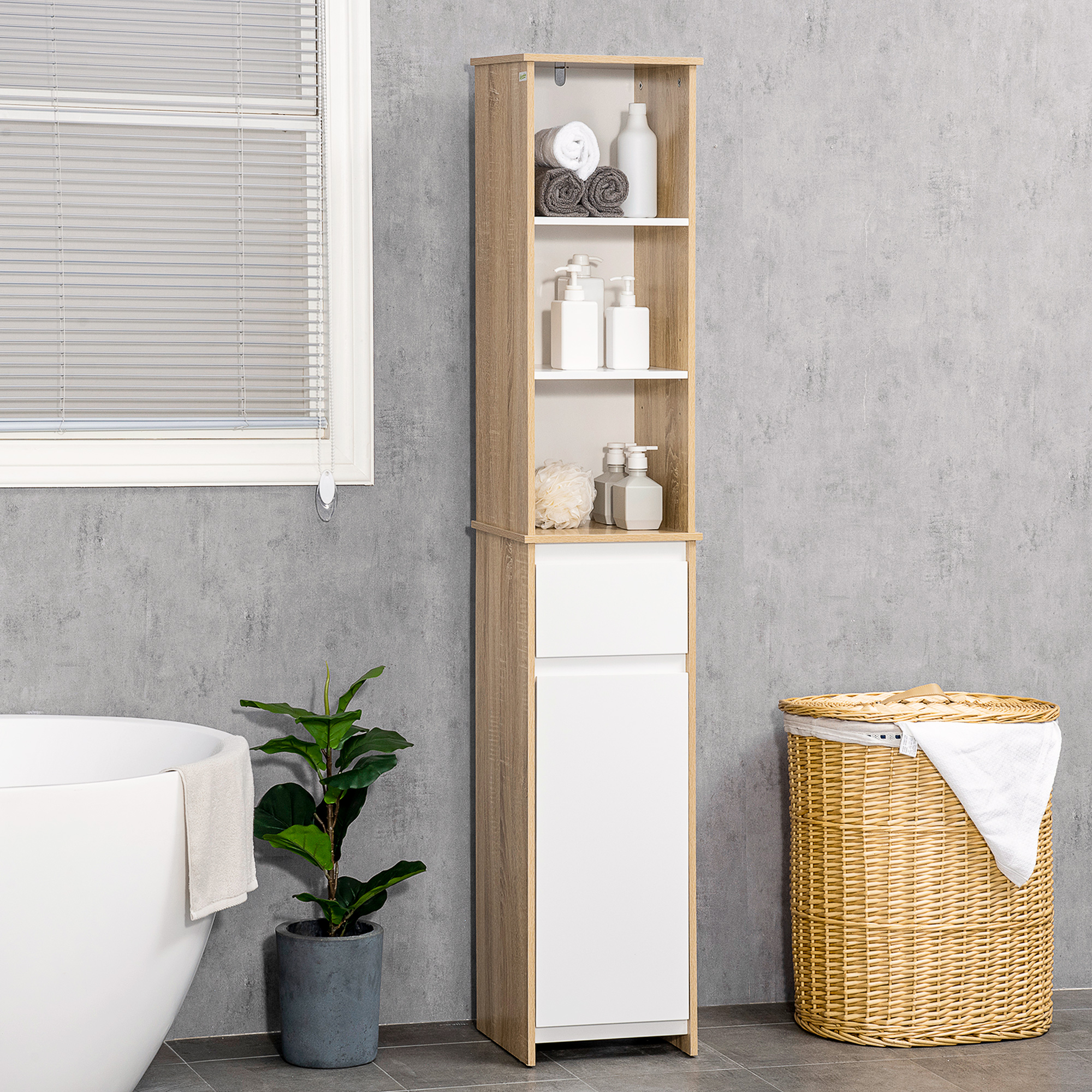 kleankin Badregal Badregal Badmöbel  Badezimmerschrank mit Verstellbares Regal  Hochschrank Standschrank mit 3-stufigen offenen Regal Schrank Schublade Umschlagdesign platzsparend MDF Naturholz+Weiß