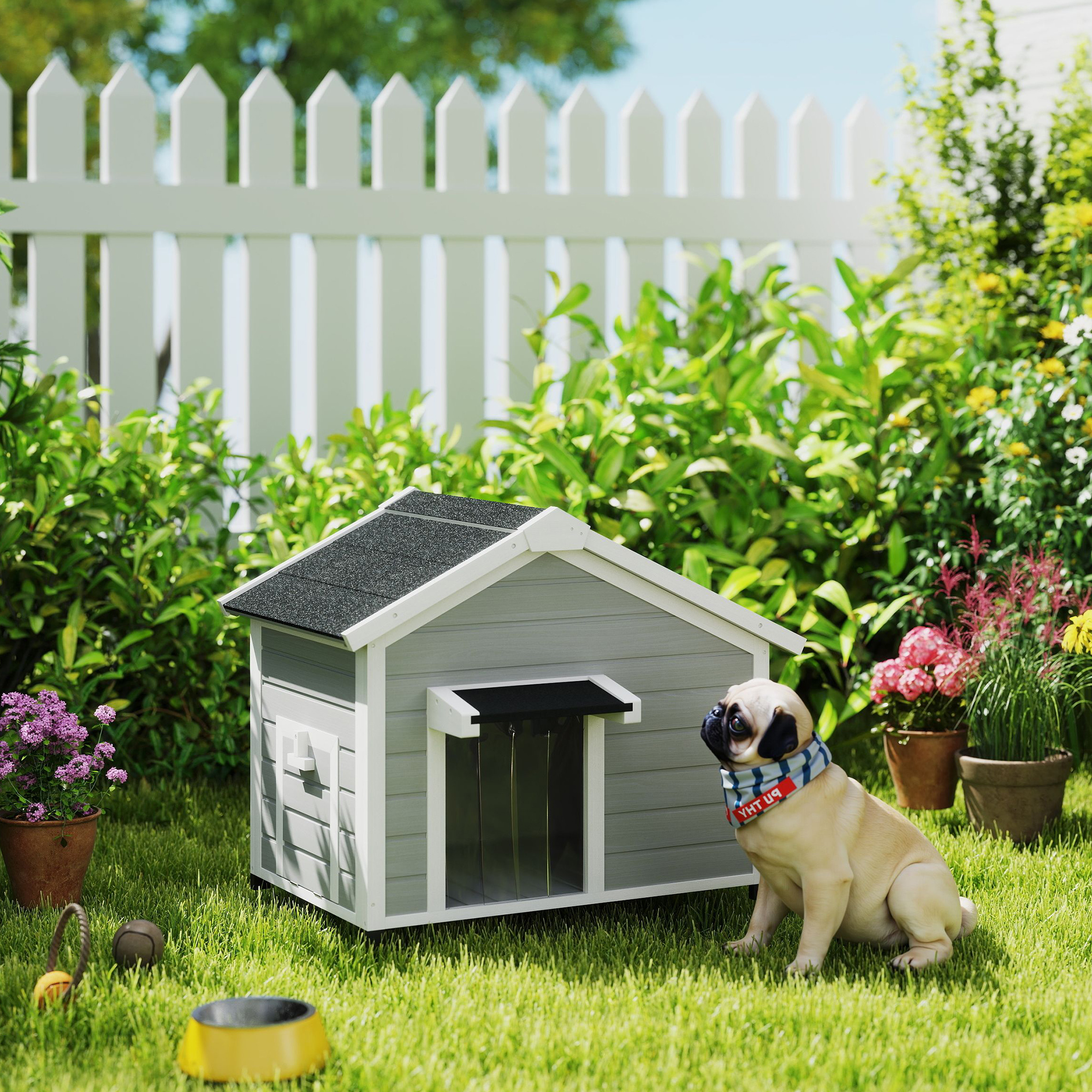 PawHut Massives Holz Hundehaus im Freien Hundehütte mit abnehmbarem Dach 95 x 68 x 76 cm hellgrau