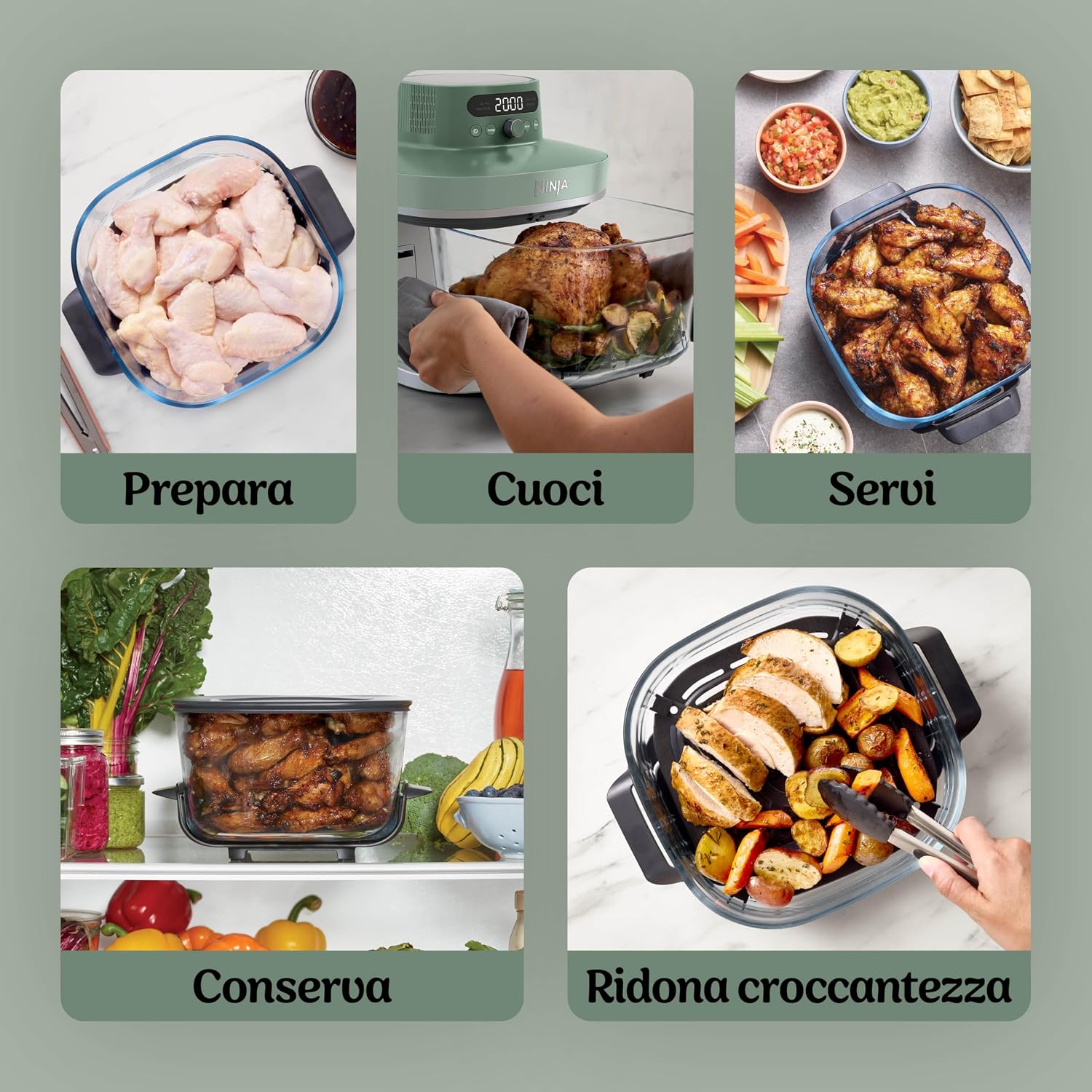 Ninja CRISPi PRO XL, Friggitrice ad Aria in Vetro, Verde Muschio, AS090EUGN