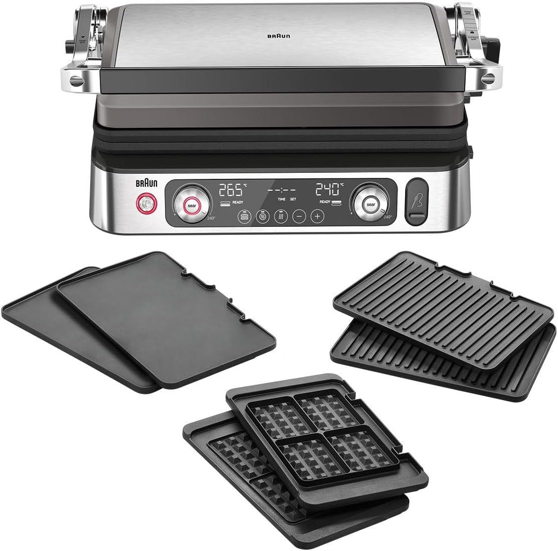 Braun MultiGrill 9 Pro CG 9167, Kontaktgrill mit Grill-, Flach-, Waffelplatten und Temperaturfühler, Grillpositionen: Kontakt, BBQ, Ofen, Spülmaschinenfeste Platten, Boost-Funktion bis 265°