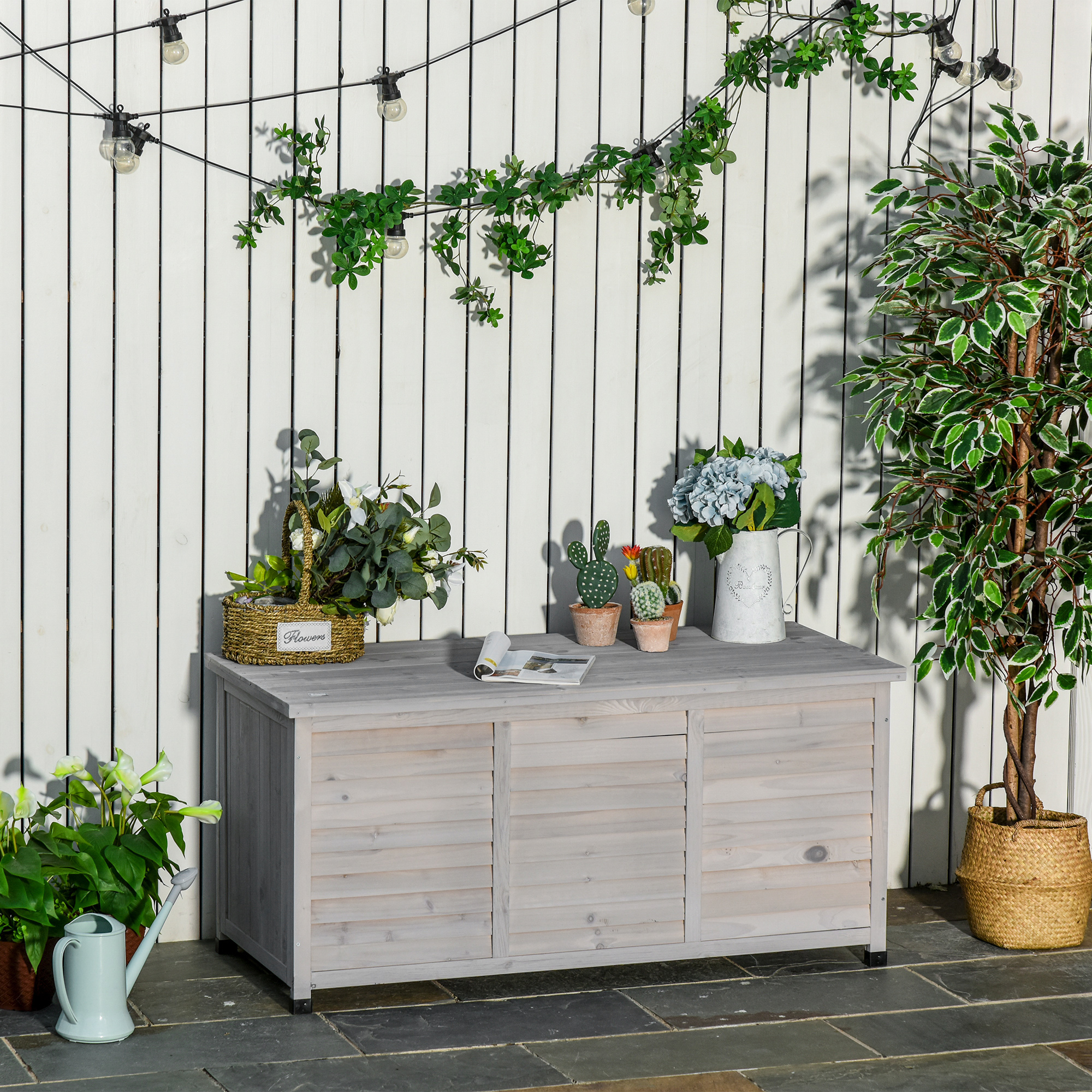 Outsunny Gartenbox, wetterbeständig, luftdurchlässig, Kissenbox, Aufbewahrungsbox, Fichtenholz, grau, 127 x 56 x 60 cm