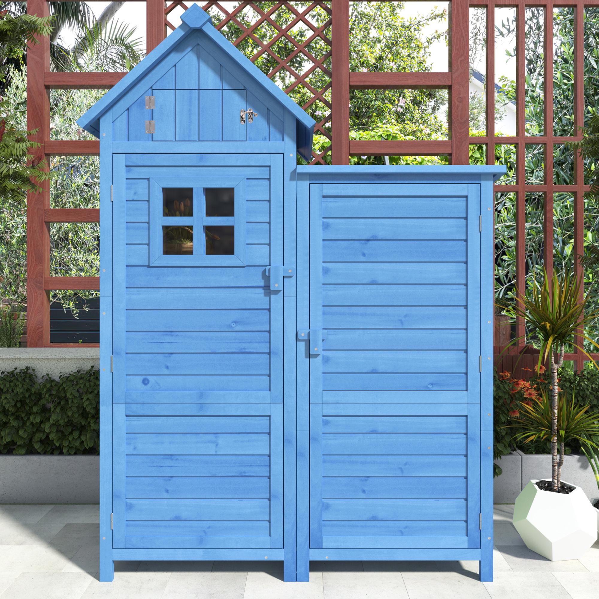 Gartenschrank 118x54x173 cm Holz mit 2 Regalen und großem Stauraum für Garten Geräte - Blau
