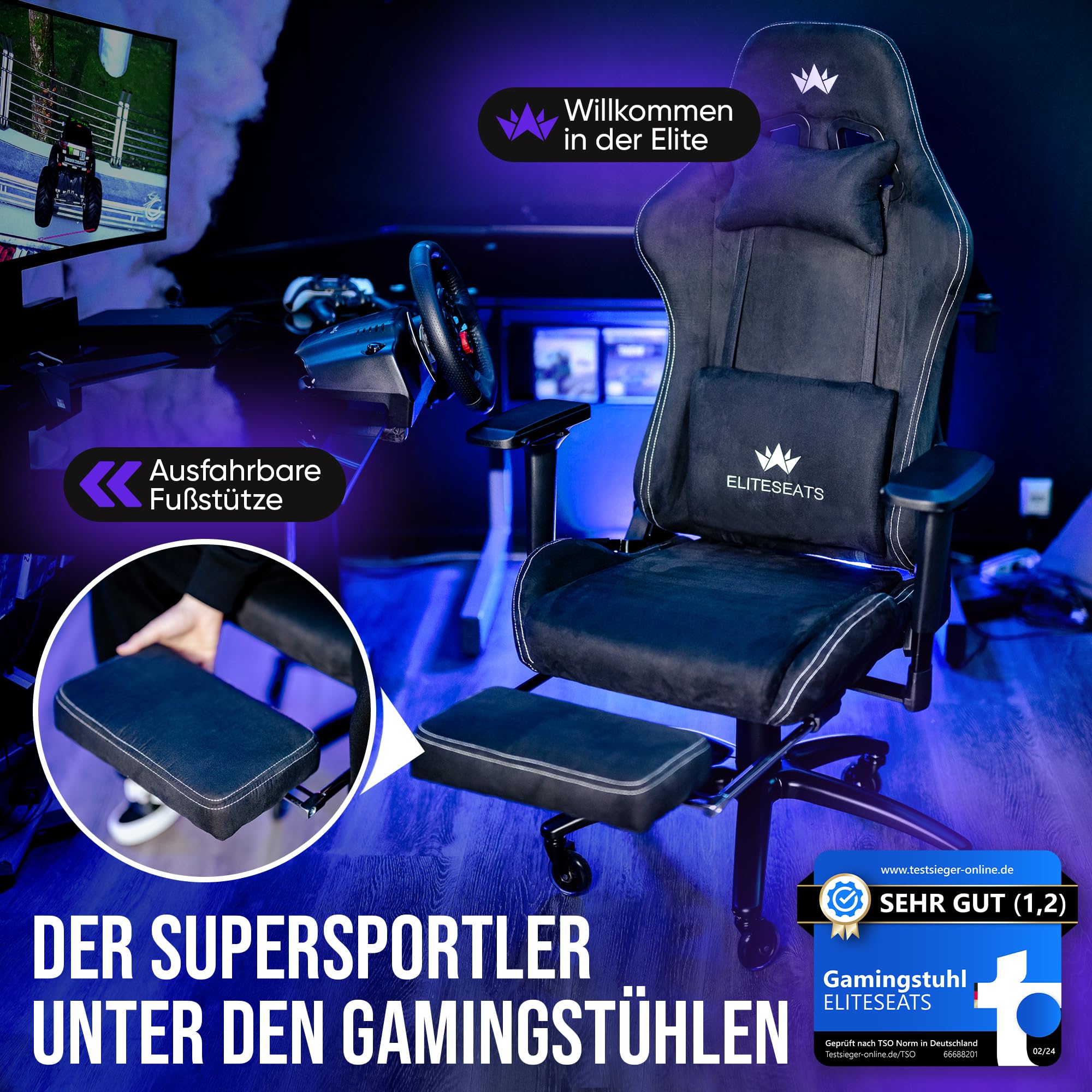 Gamingstuhl ergonomisch mit Fußstütze und 4D-Armlehnen, belastbar bis 150 kg, Schwarz