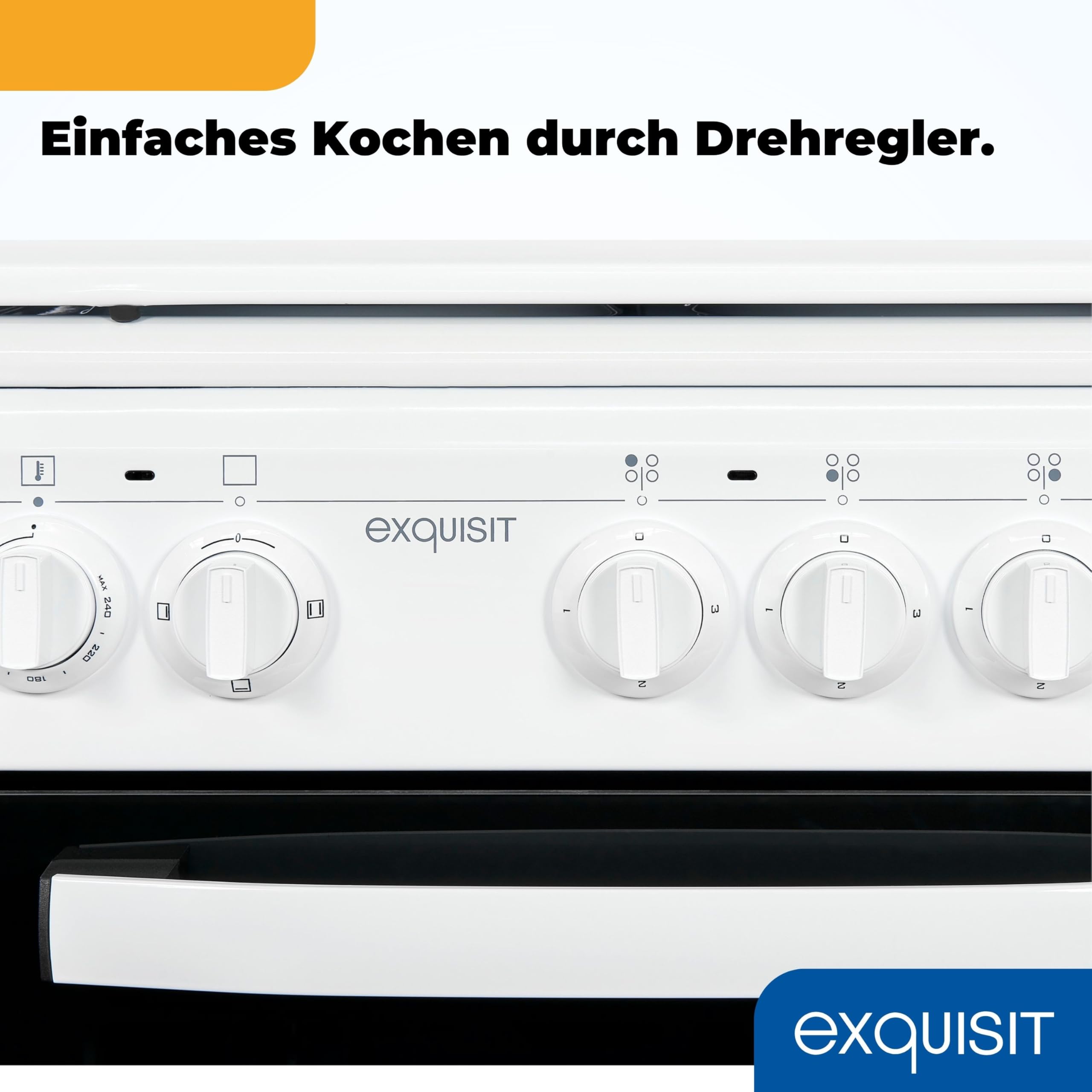 Freistehender Elektroherd EH9-3-090weiss, 50 cm breit, 48 l Backofen mit 4 Kochplatten und Energieklasse A, inkl. Grillrost und Backblech