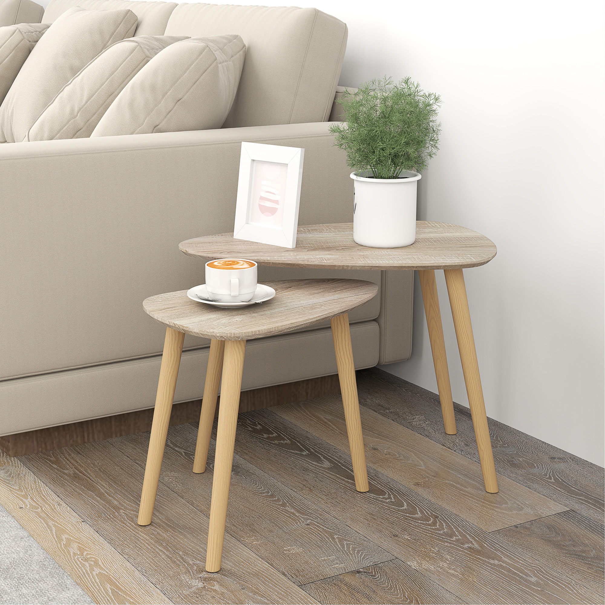 HOMCOM Set mit 2 skandinavischen Design-Nesttischen, Holzbeine und Holzplatte, naturbelassenes Aussehen
