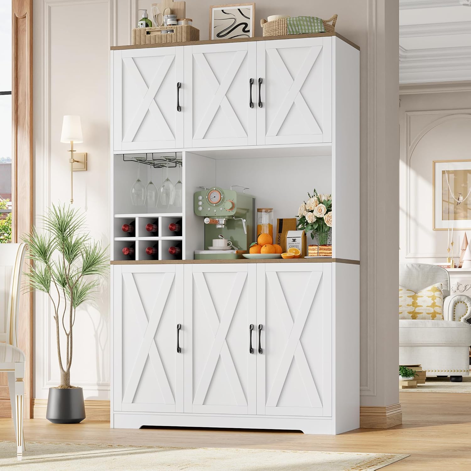 HOCSOK Credenza Cucina, Alta Dispensa Cucina con 6 Armadietti, Rimovibile Portabottiglie da parete con porta calici, Microonde con Ripiani Aperti, mobile soggiorno, Bianco