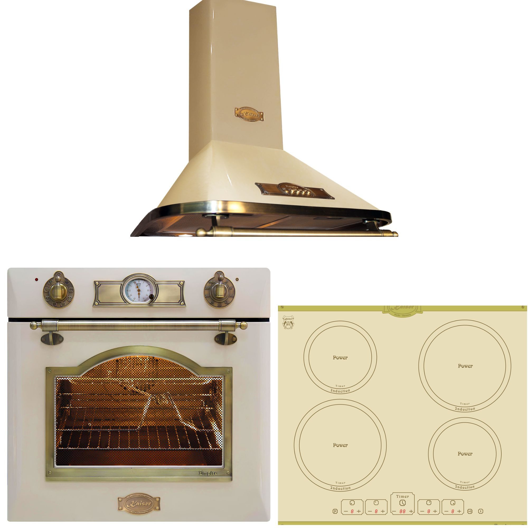 Backofen-Set Herd Set Autark Elektro Backofen, Selbstreinigung, Drehspieß, 8 Funktionen mit Induktionskochfeld Autark 60 cm 4 Zonen mit Booster+Exklusive Designer Retro Abzugshaube 910 m³/h EH 6355 ElfEm+KCT 6195 IElfEm+A 6315 ElfEm