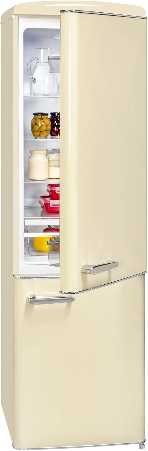 Exquisit Retro Kühlschrank RKGC250-70-H-160E Magnolienweiß - Kühl-Gefrierkombination 244 L, freistehend, LED-Licht, Glasablagen, Chromgriff