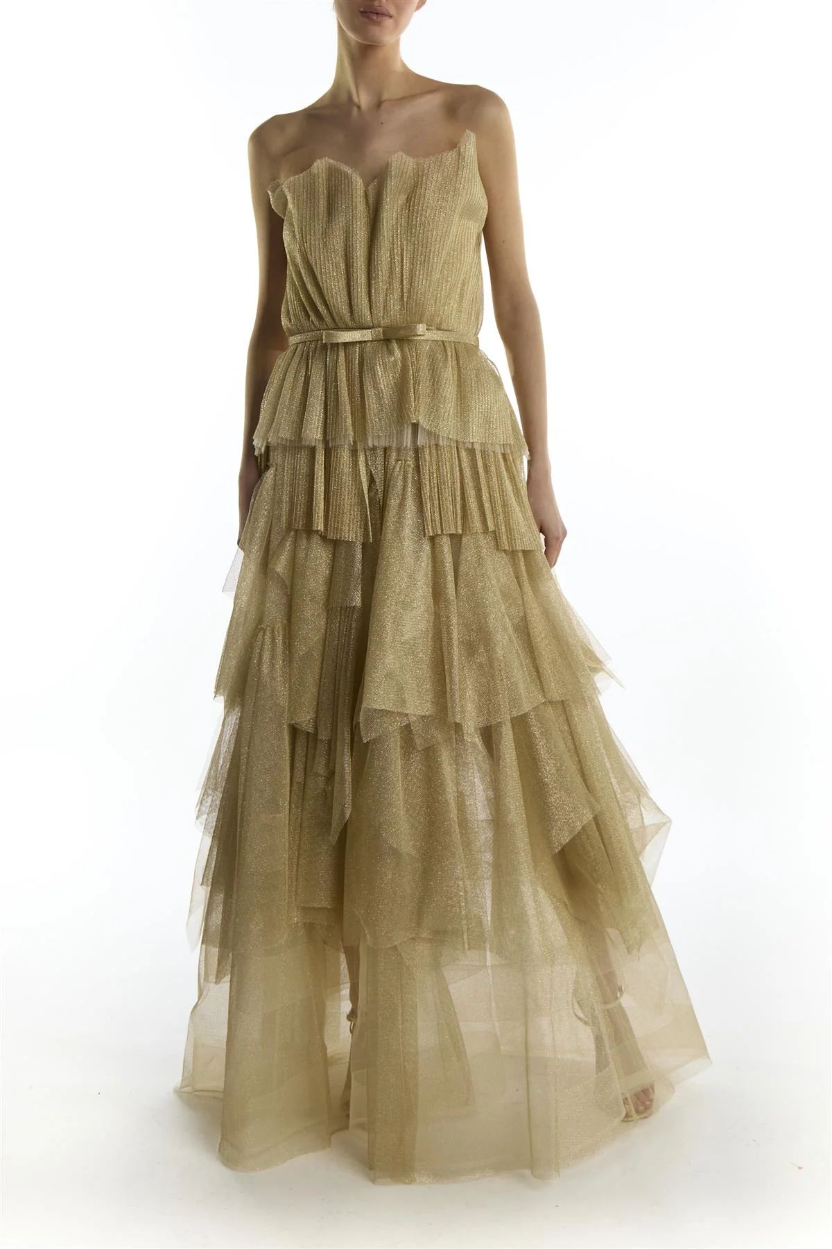 Gold Glitter Tiered Strapless Organza Cocktail Dress