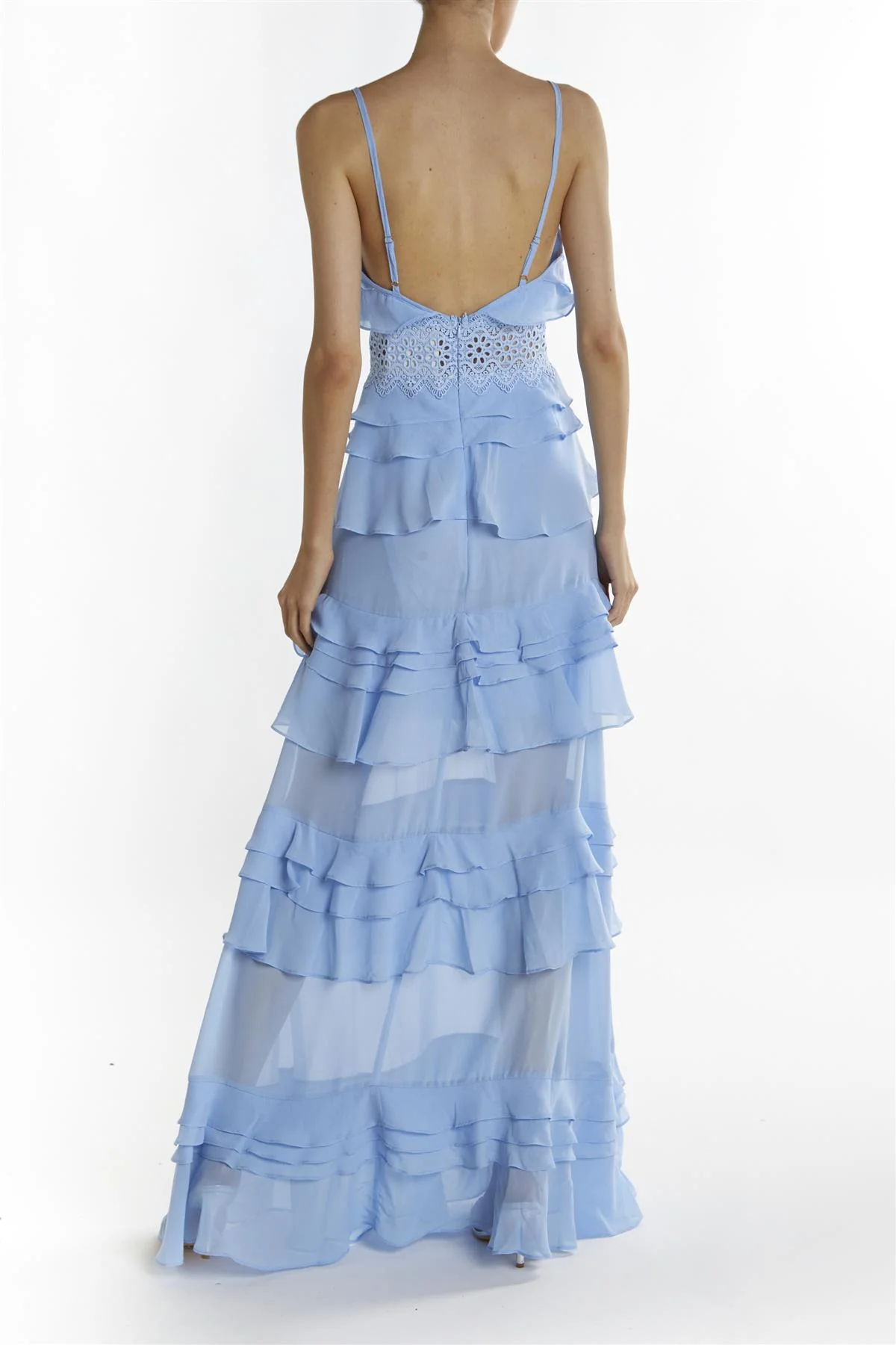 Sky Blue Sophia Plunge Front Tiered Ruffle Maxi Dress