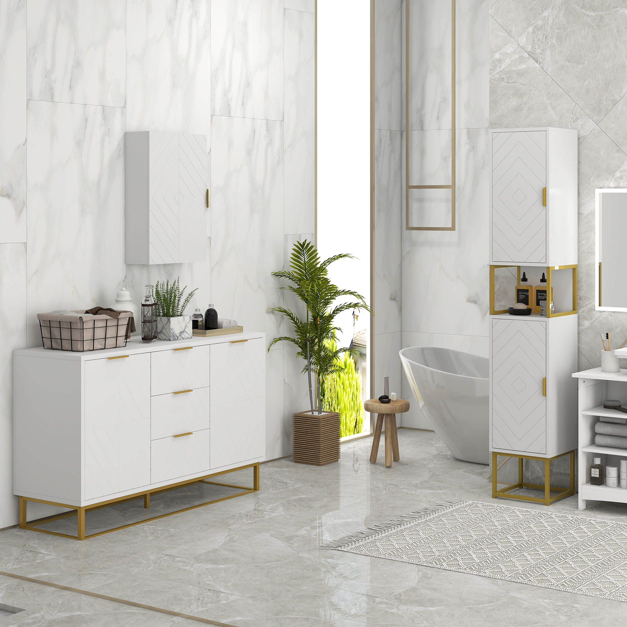 kleankin Badezimmerschrank mit Nische und 2 Schränken, höhenverstellbarem Regal, Stahlbeinen