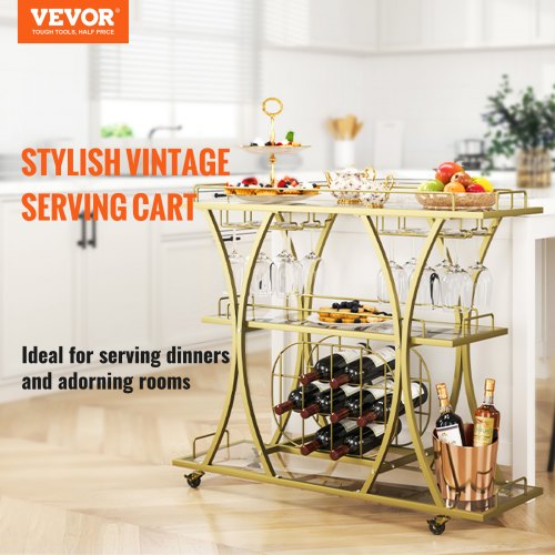 VEVOR Servierwagen Barwagen Rollwagen 3 Ebenen, Weinwagen 82 kg Belastbar, Mobiler Getränkewagen, Verspiegelte Glasablagen 111 x 35 x 92,5 cm, für kleine Räume, Küche, Esszimmer, Bar, Goldfarben
