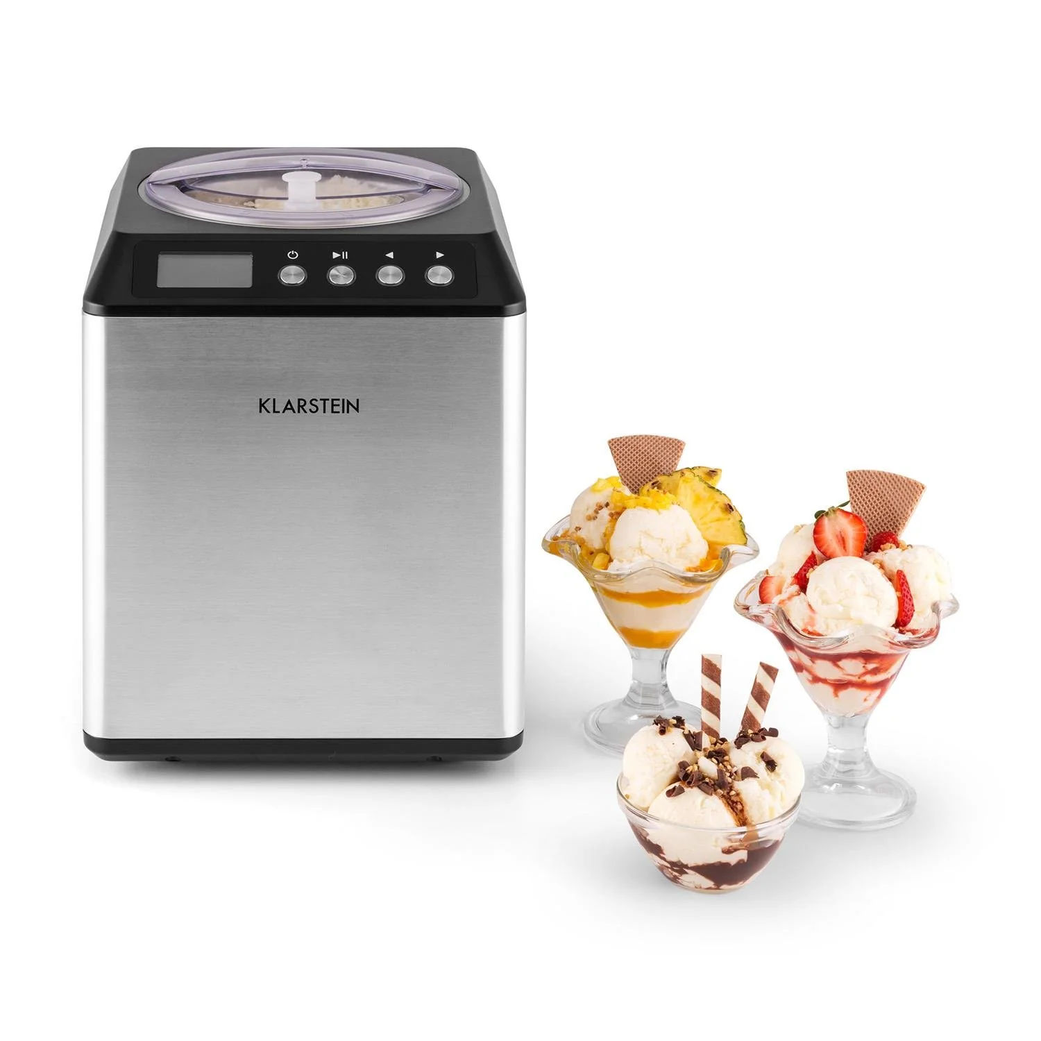 Klarstein Vanilla Sky - macchina per gelato, preparatore di gelato, gelatiera, funzione di mantenimento freddo, display LED, timer, acciaio inox, facile da pulire, 180 watt, capacità 2 litri, colore argento