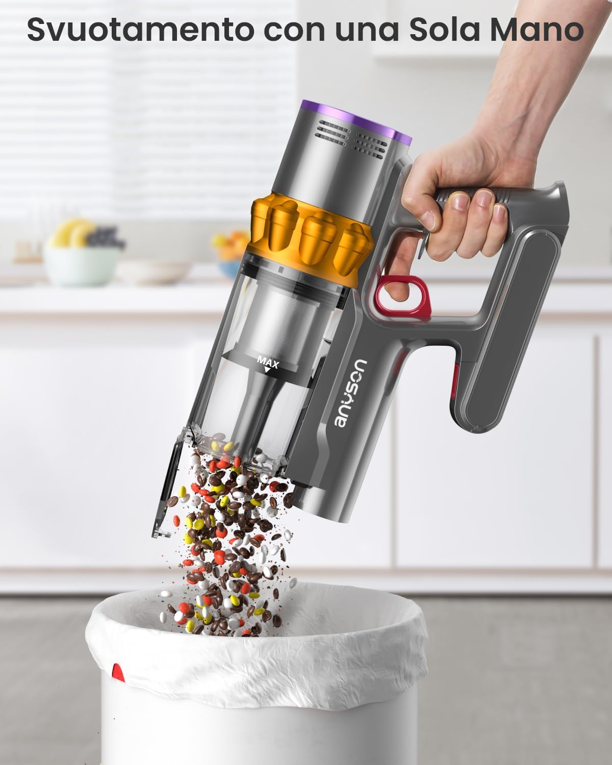 Anyson 45KPa/550W Aspirapolvere Senza Fili, 70 min/1,6L Scopa Elettrica Senza Fili Autocaricante Ultra-silenzioso, 8 Stadi Filtrati OLED Smart Aspirapolvere