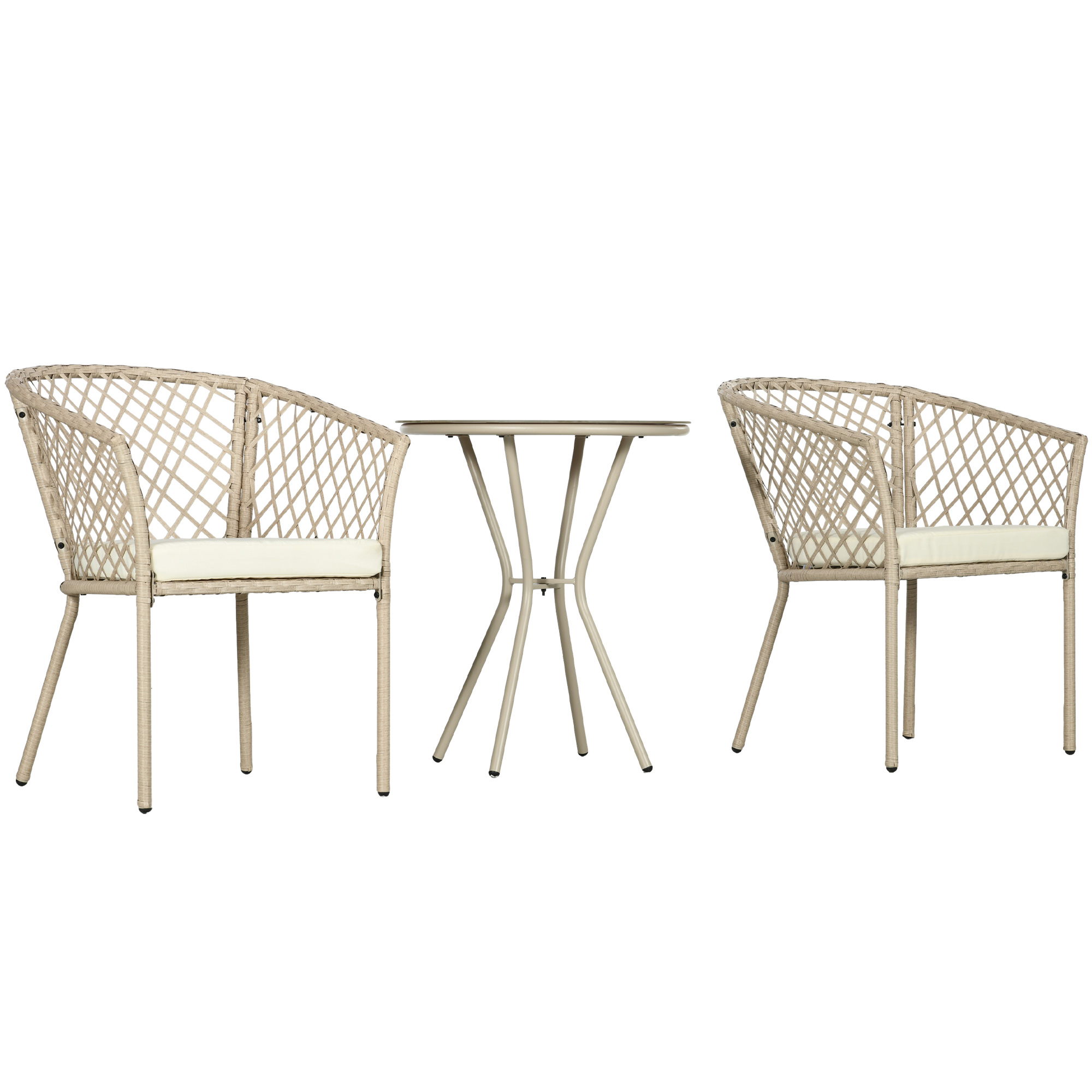 Outsunny Rattan Gartenmöbel-Set, 2 Stühle und Tisch, Hartglas-Tischplatte, PE-Rattan, Sitzauflagen, Metallrahmen, Khaki