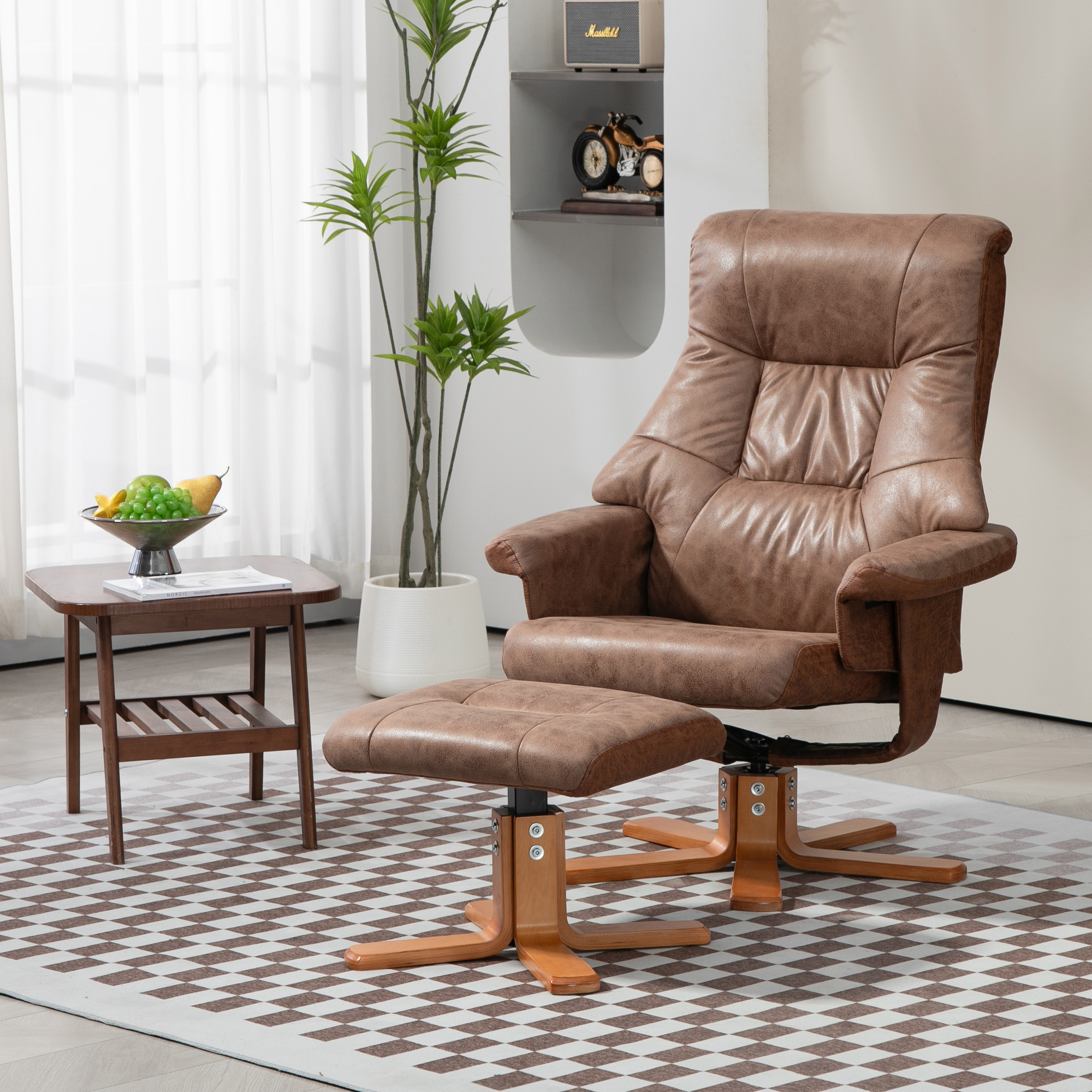 HOMCOM Relaxsessel mit Hocker, 360° drehbar, 135° neigbar, atmungsaktiver Bezug, 78 x 82,5 x 109 cm, braun