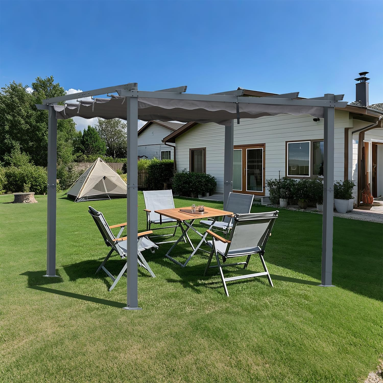 [Updated] Aluminium Pergola with Retractable Roof, Elegant Design Pavilion, Gazebo with Polyester Fabric Waterproof and UV Resistant, Outdoor Use (3x3, Grey)