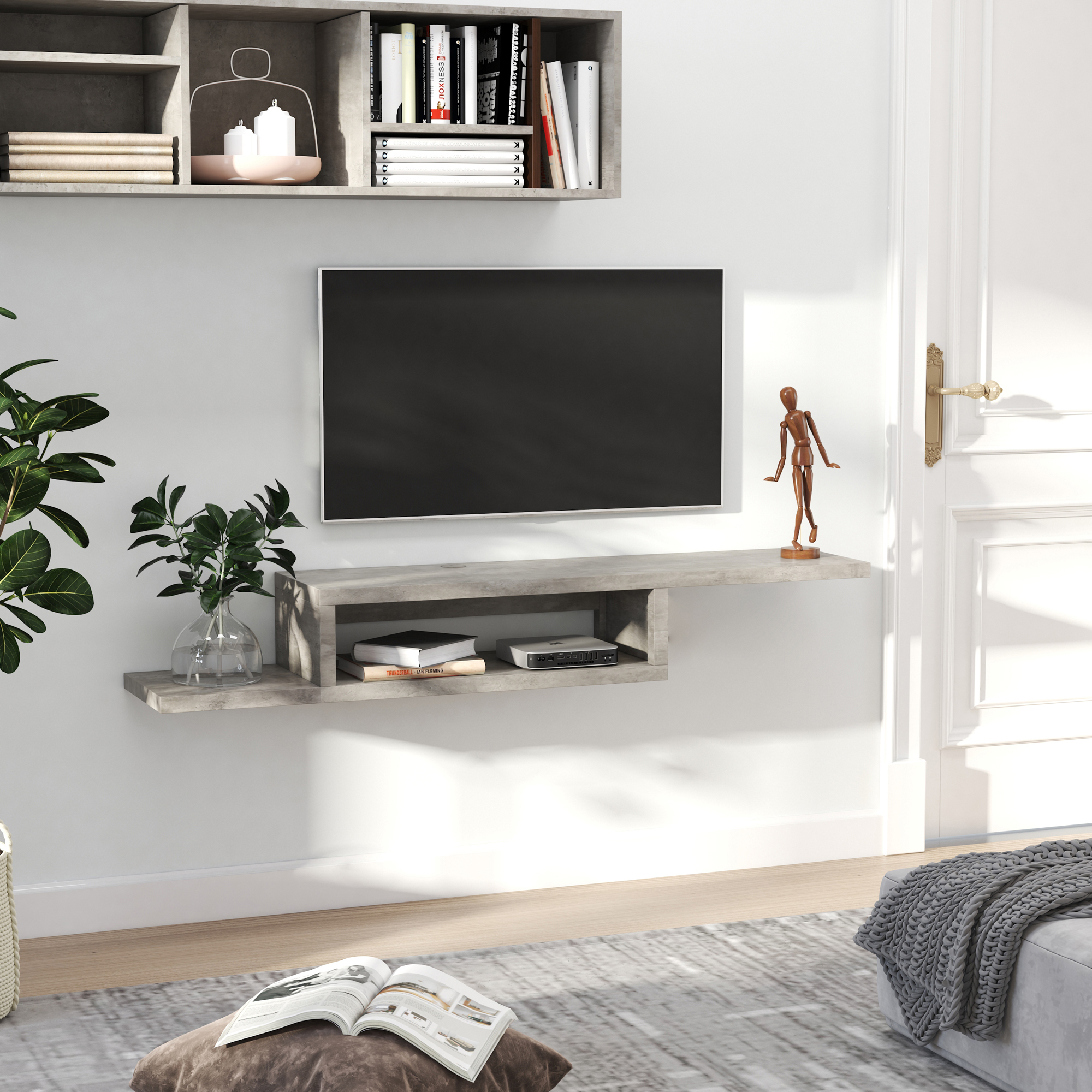 HOMCOM TV Lowboard Hängeboard Hängend Multimedia Wandregal TV Rack Multimedia Konsole für Wohnzimmer Schlafzimmer Spanplatte Zementgrau 152,4 x 29,8 x 21 cm
