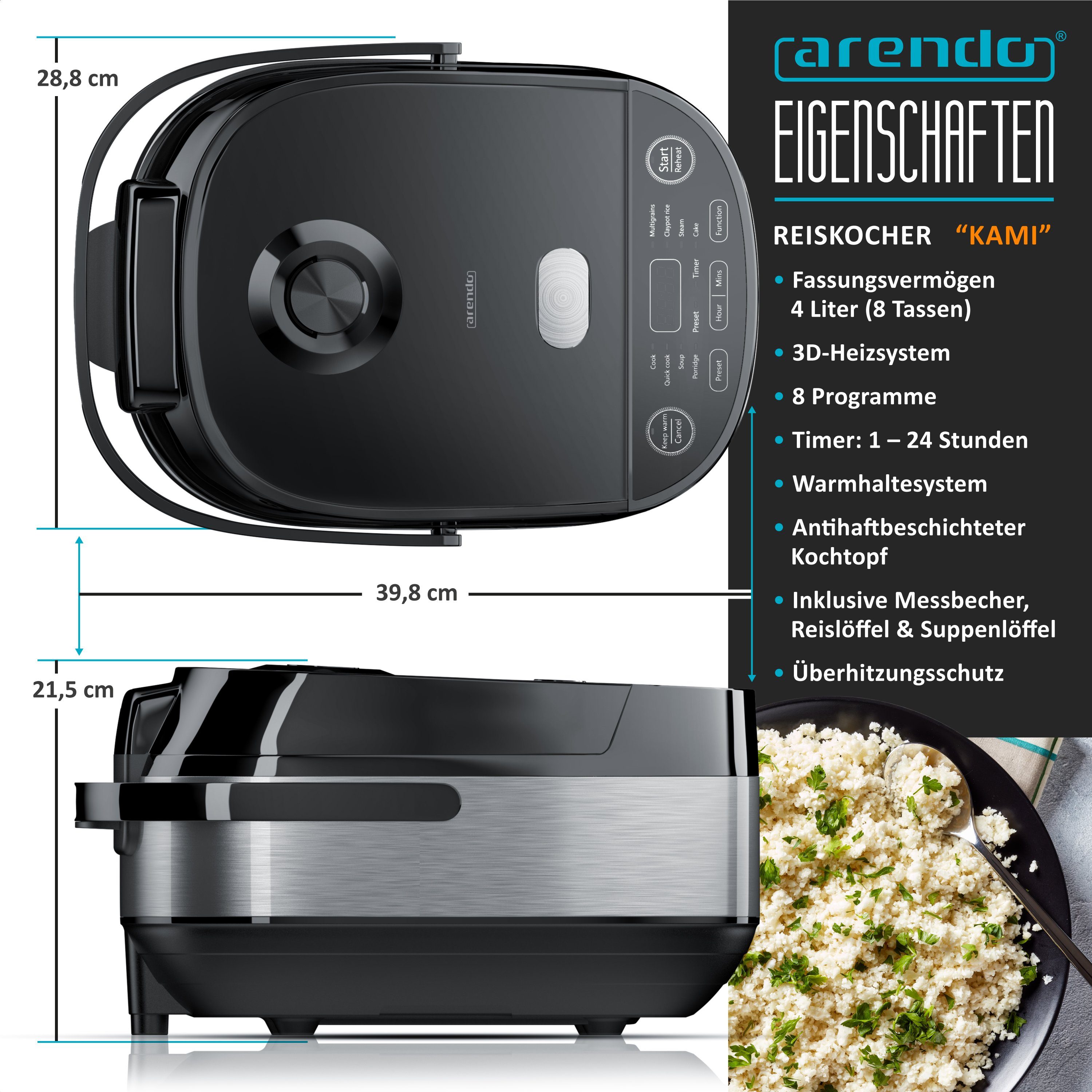 Reiskocher Multikocher, Dampfgarer mit 3D Heizsystem und 8 Programme + Timer