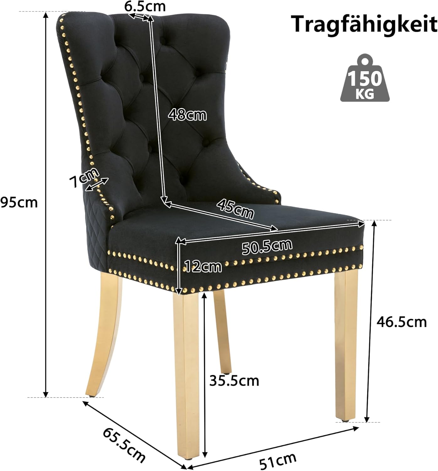 Sedia da pranzo (sedia da cucina, sedia da soggiorno con anelli di trazione rotondi unici sul retro, 4 pezzi), sedia imbottita con borchie decorative, gambe di supporto in acciaio inox dorato