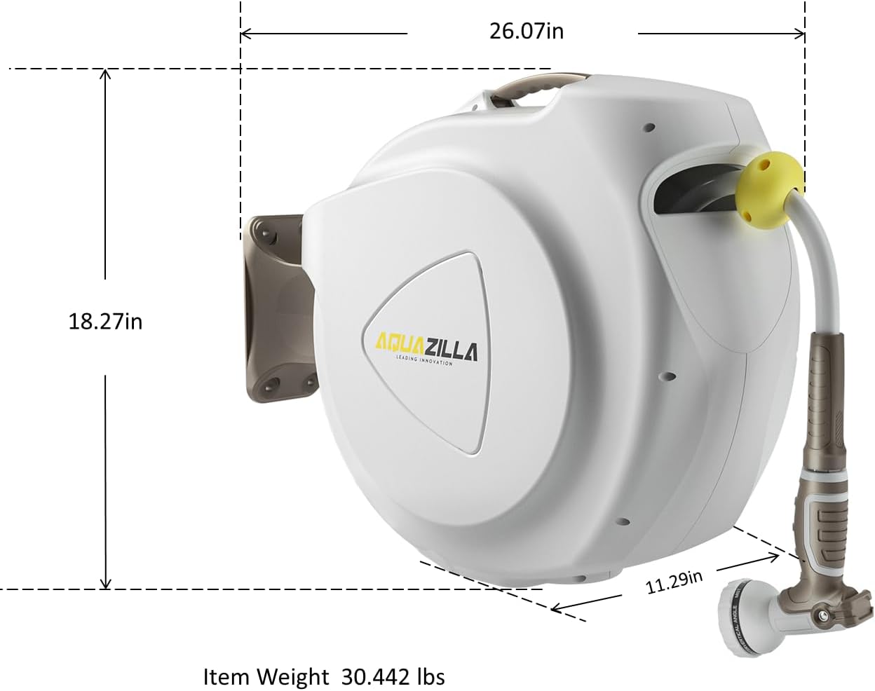 Retractable Garden Hose Reel  5/8 in 100+6 ft  Heavy Duty Wall Mounted Water Hose Reel  Spring Power Automatic Rewind  Any Length Lock  180° Swivel Bracket  10 Pattern Spray Nozzle