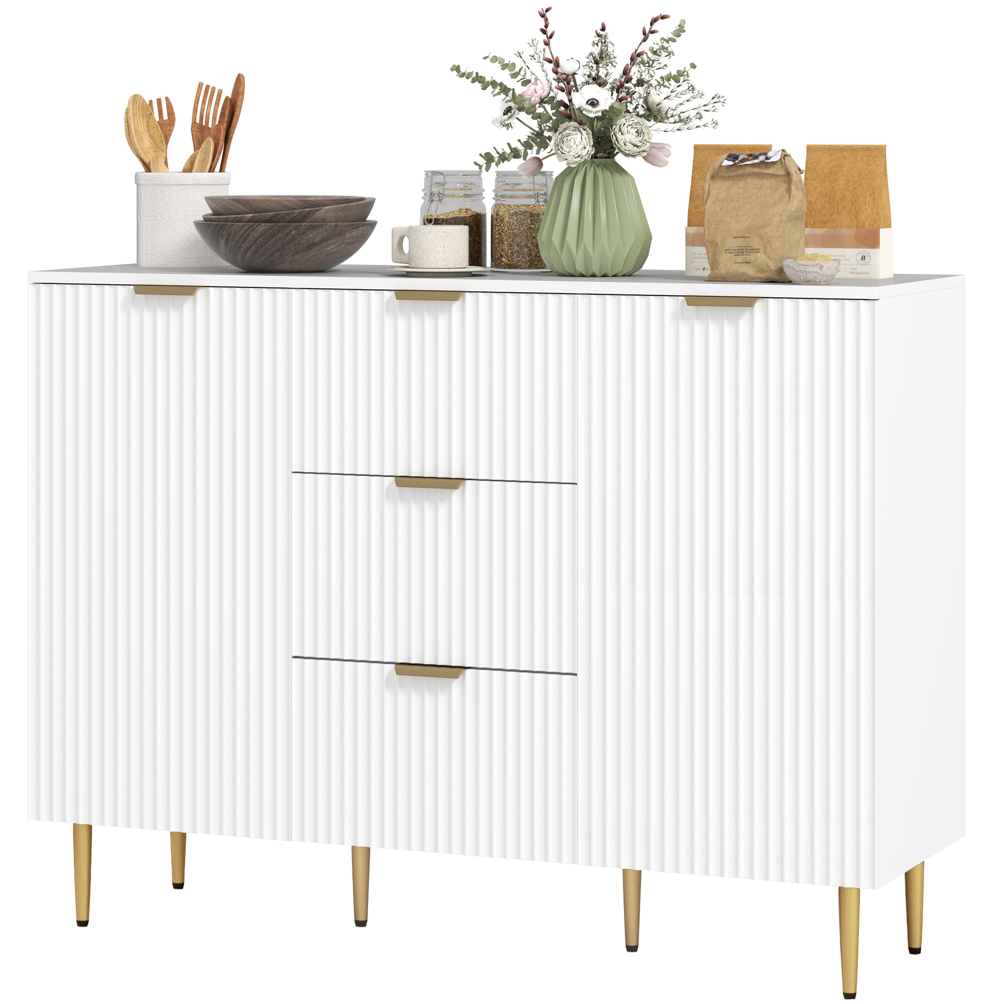 HOMCOM Buffet Küchenmöbel Aufbewahrung mit 3 Schubladen, höhenverstellbaren Regalen, Schranktüren mit Rillen, 120 x 40 x 90 cm, weiß