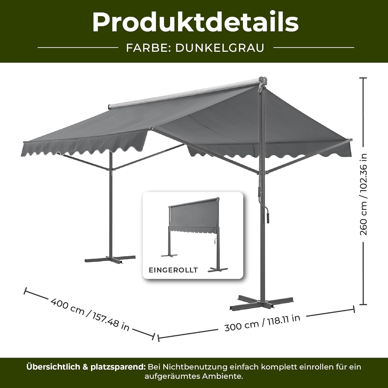 pro.tec Standmarkise Selenizza freistehende Markise 400x300x260cm Gartenmarkise Sonnenschutz Terrassenüberdachung Outdoor Terrasse Garten Balkon Dunkelgrau