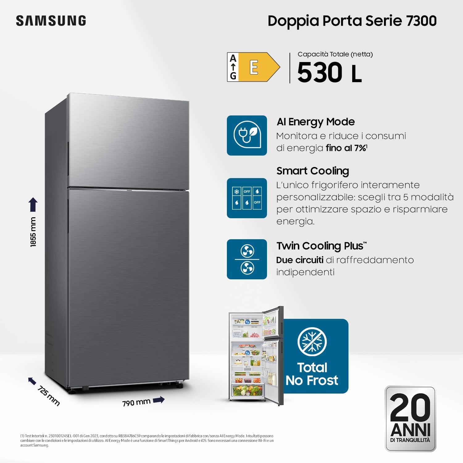 Frigorifero Doppia Porta RT53DG7A14S9/EF, Wifi con AI Energy Mode, Smart Cooling, Twin Cooling Plus, 530L, LxAxP: 79 x 185,5 x 72,5 cm, Metal Inox