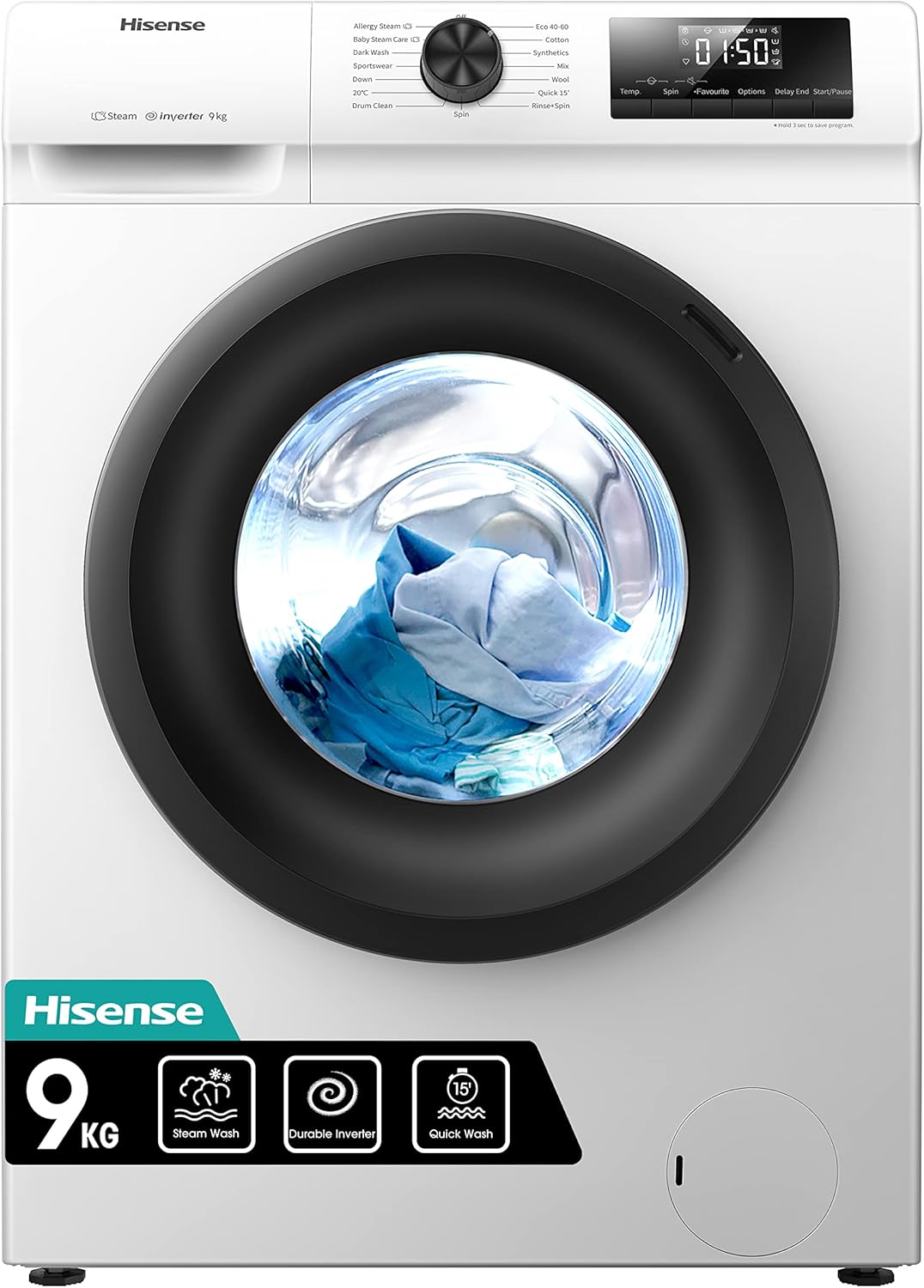 Hisense WFVB7012EM Front Load Washing Machine 7 kg 1200 rpm 15 Programs Steam LED Display Rapid Program Delay Start Child Lock