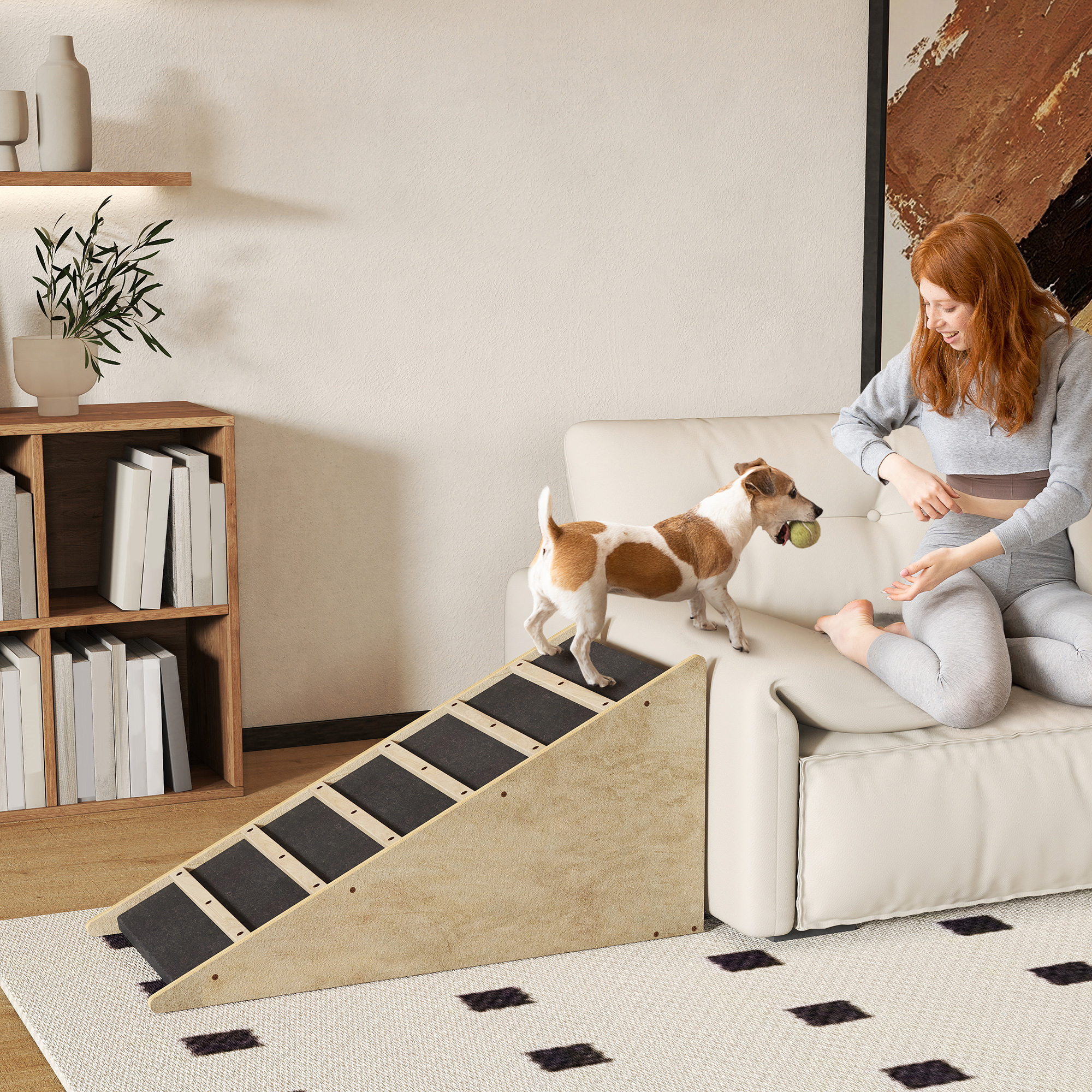 PawHut Haustiertreppe, Hundetreppe, Kiefernholz, Anti-Rutsch-Beschichtung, 90 cm x 40 cm x 45 cm, Natur + Grau