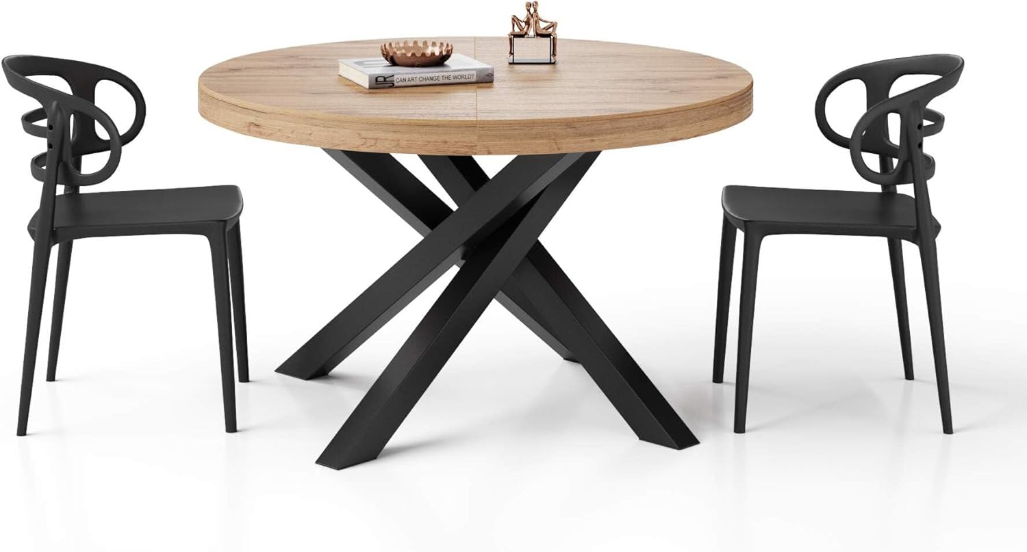 MOBILI FIVER, Runder ausziehbarer Tisch Emma, 120-160 cm, Rustikale Eiche mit gekreuzten Schwarzen Beinen, Made In Italy