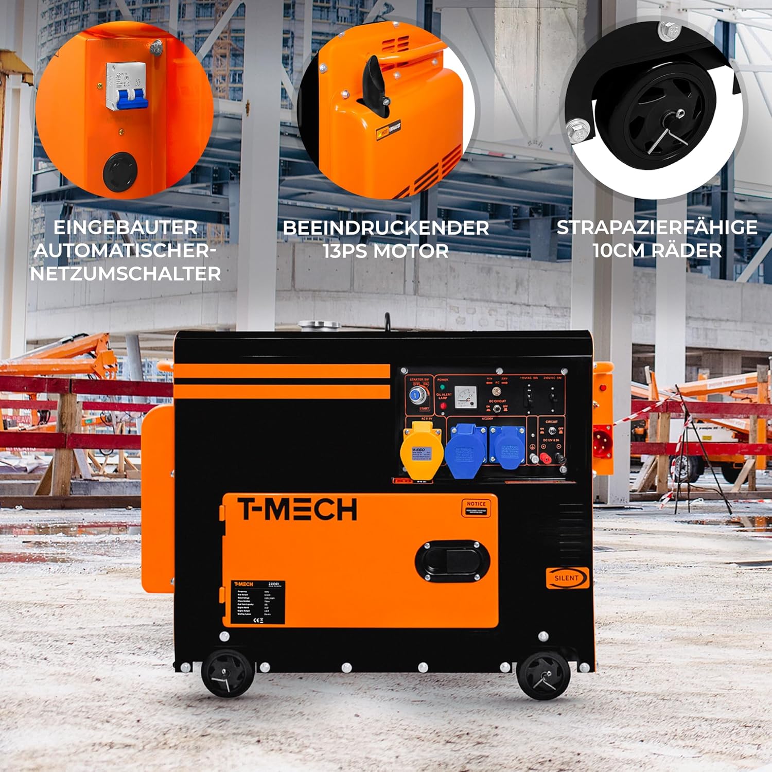 Generatore diesel silenzioso monofase ATS 230V 6kVA 6500W 13115V/230V Avvio elettrico Telaio chiuso Potenza di emergenza 4 ruote Acciaio verniciato a polvere nera Capacità 20L Kit attrezzi e imbuto