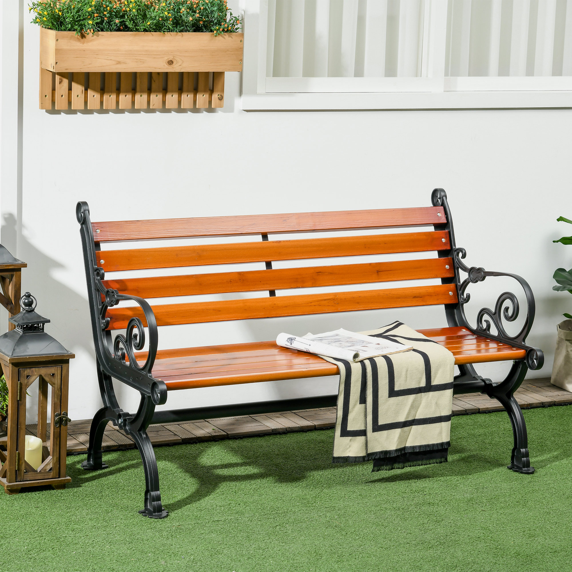 Outsunny Tuinbank voor 2 personen, decoratieve armleuningen, voor tuin en terras, gietaluminium + natuurlijk hout, 120 x 64 x 79 cm, teak