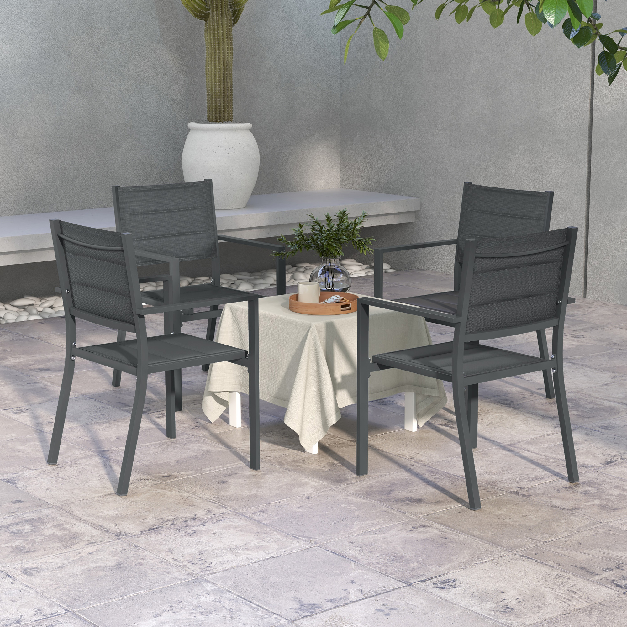 Outsunny Set aus 4 stapelbaren Gartenstühlen aus Aluminium und Textilene mit Armlehnen, 4er Set für den Außenbereich
