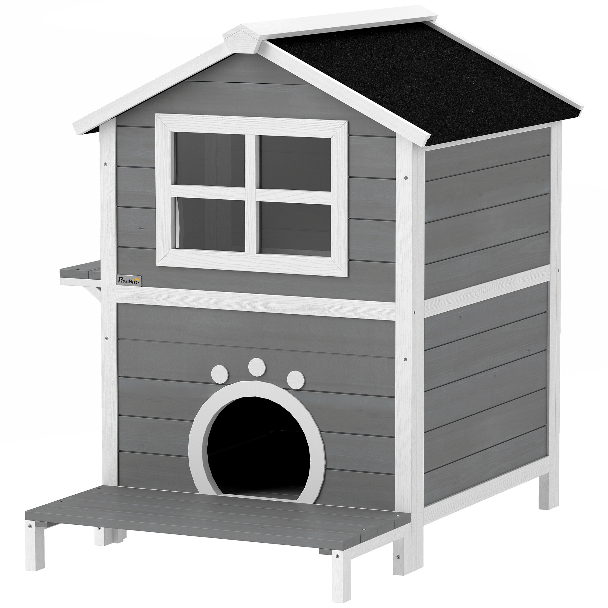PawHut Outdoor-Katzenhaus mit wetterfestem Dach, Fenster, Balkon, herausnehmbarem Boden, 2 Ebenen, für 1-2 Katzen, Grau