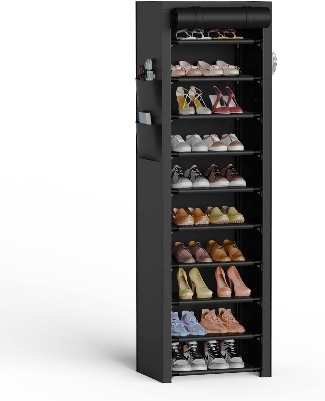 Vicye 11 Tier Shoe Rack with Dust Cover for 20-22 Pairs of Shoes, Waterproof, Shoe Rack Improve Space Usage Slim Fabric for High Heels, Sports Shoes, Black