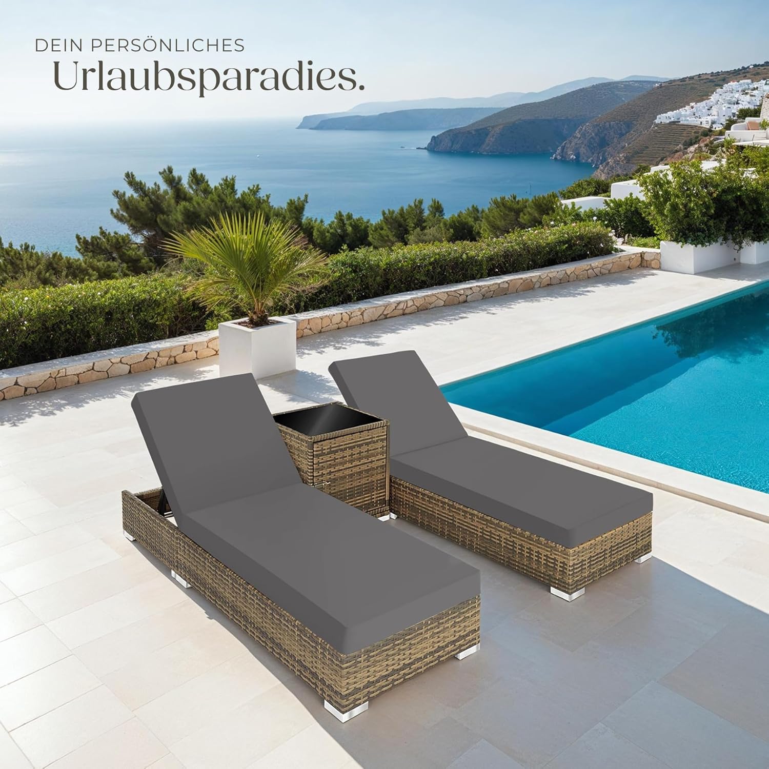 tectake® 2er Lounge Sonnenliegen Set Plus Tisch – inkl. 2 Bezugsets und Schutzhülle, Outdoor Poly Rattan Gartenmöbel Set, 2er Set - Natur