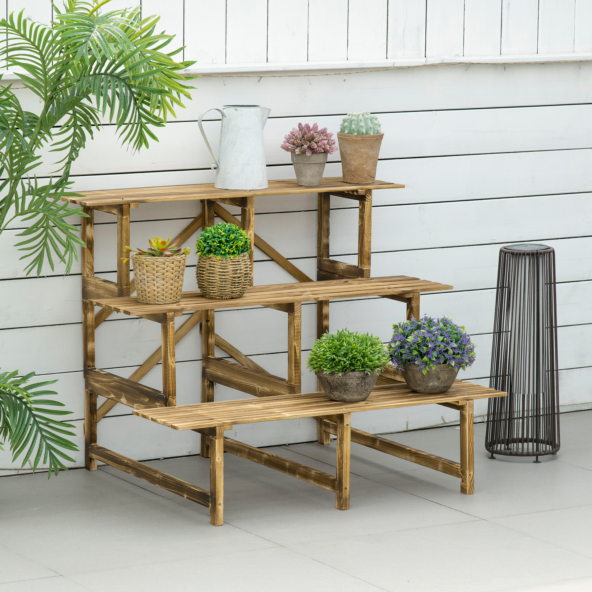 Outsunny Pflanzentreppe, Blumentreppe, Blumenregal, Pflanzregal, Blumenständer, 3 Stufen, Tannenholz, 100 x 80 x 78cm