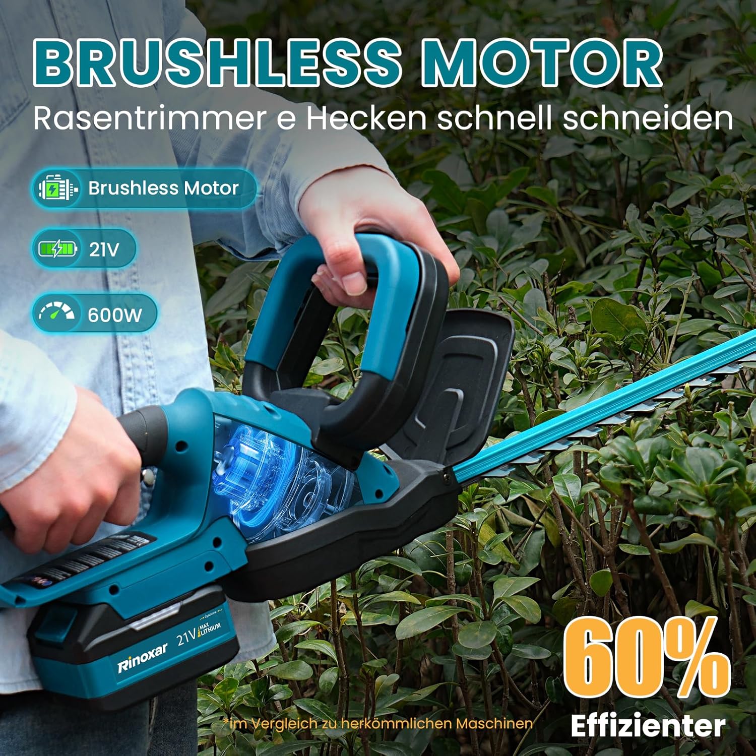 Akku Heckenschere 21V mit 8000mAh Akku, 600W Bürstenlosem Motor, Heckenschere Elektrisch mit 52 cm Schnittlänge, Schnittdurchmesser 15 mm – TrimCut PRO