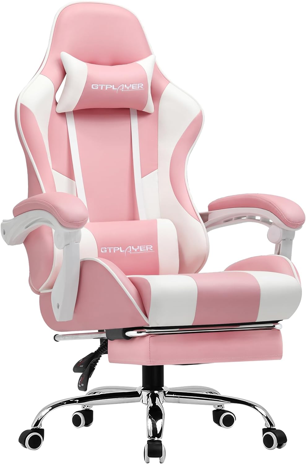GTPLAYER Gaming Chair, Computer Chair with Footrest and Lumbar Support, Height Adjustable Game Chair with 360  -Swivel Seat and Headrest and for Office or Gaming (White)