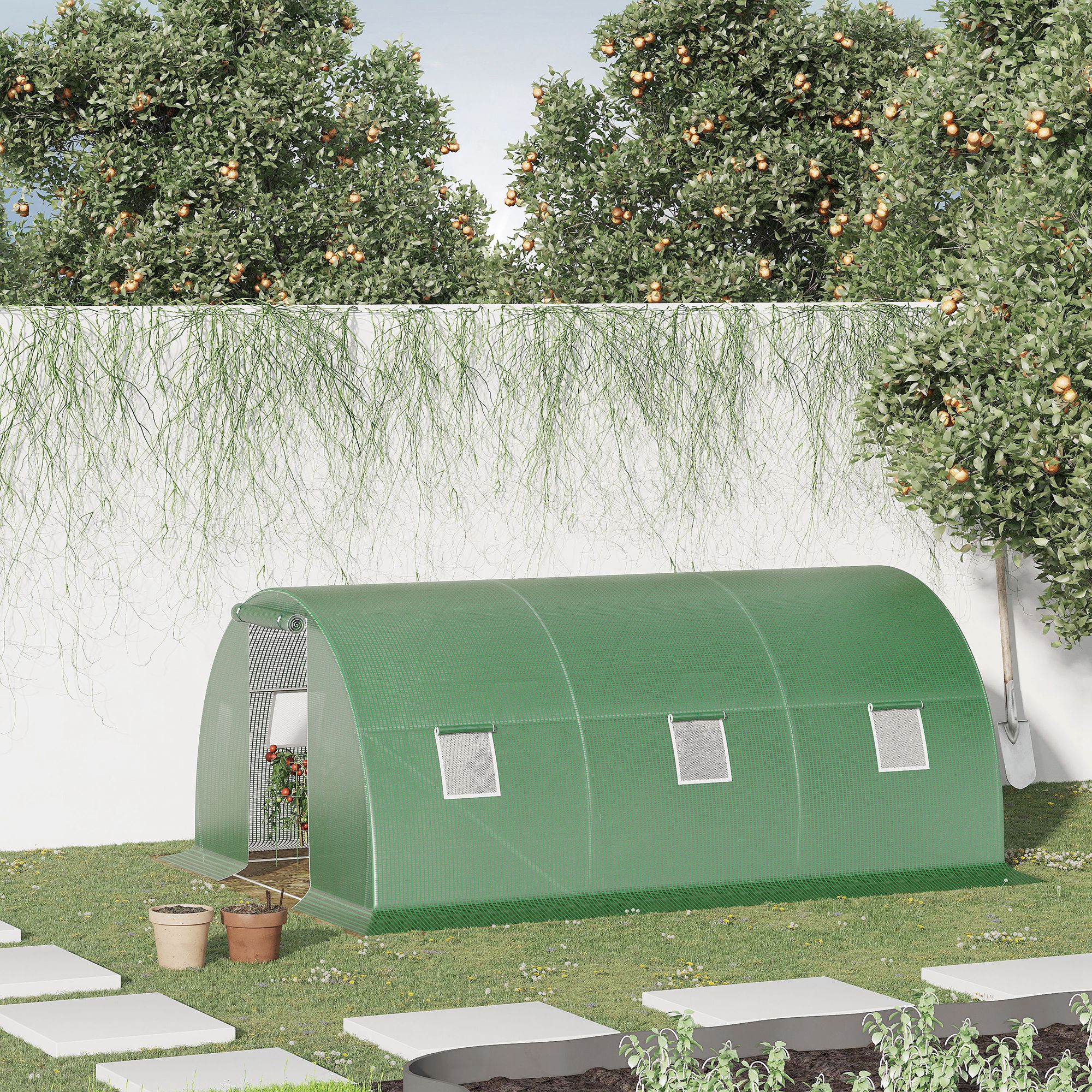 Outsunny Foliengewächshaus begehbares Polytunnel 4,5 x 3 m Gewächshaus mit 6 Fenster Treibhaus Frostschutz Stahlrohr Dunkelgrün