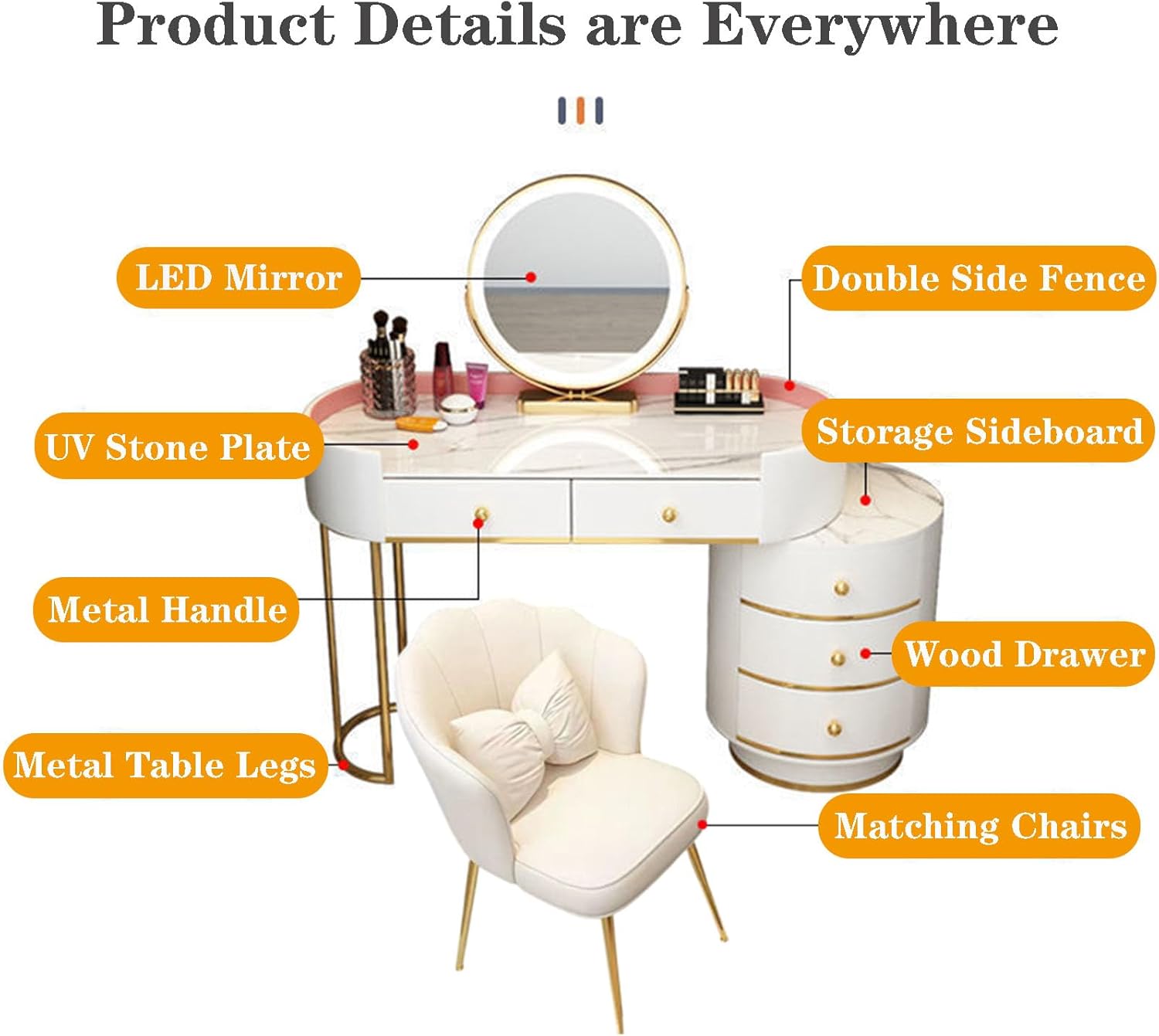 Vanity Desk Set, Bedroom Vanity Table with LED Rotating Mirror and Lights, Makeup Table with Storage Drawers and Stool, Bedroom Table for Girls/Women
