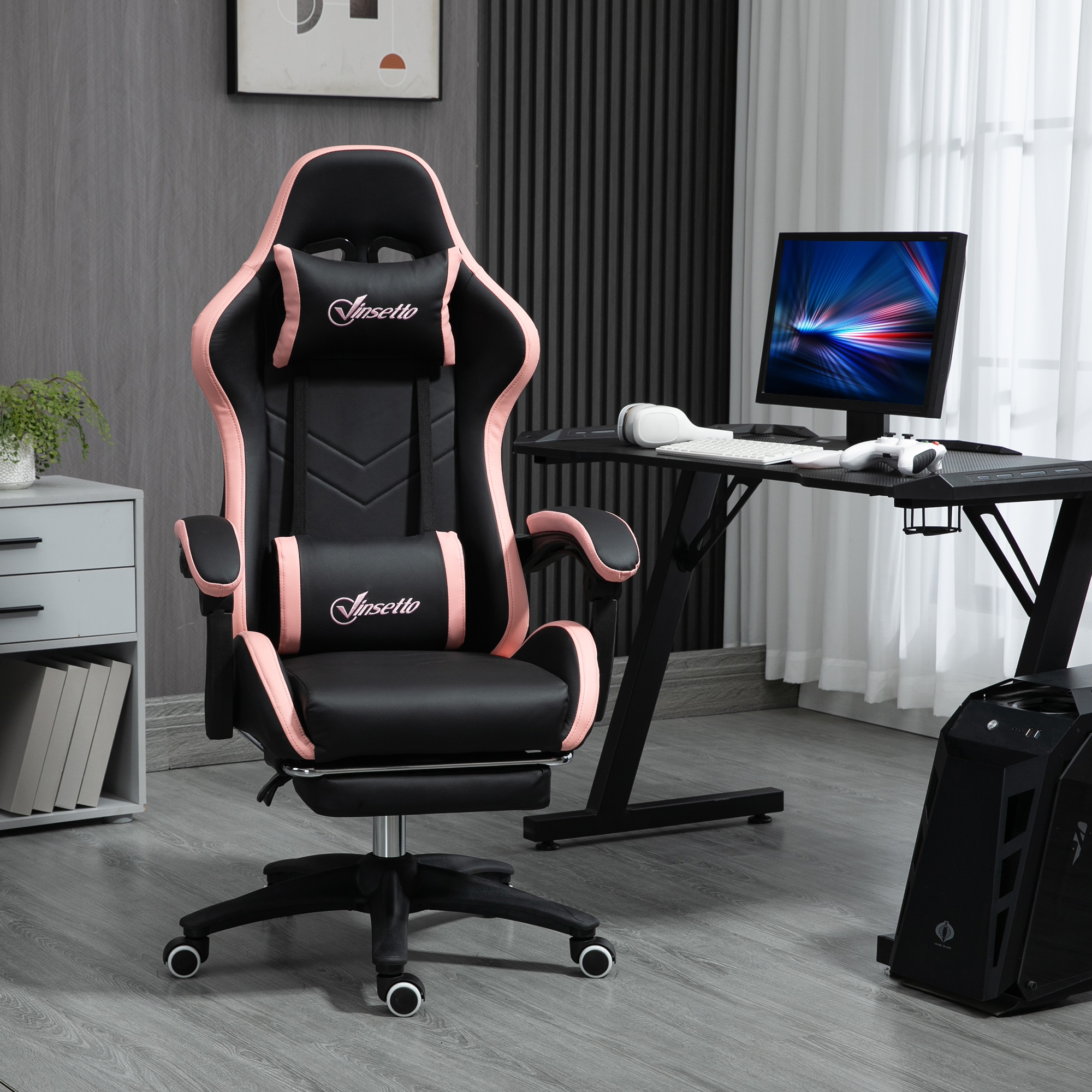 Vinsetto Höhenverstellbarer Gaming-Stuhl mit Kopfstütze, 65x65x121-129 cm, Rosa und Schwarz