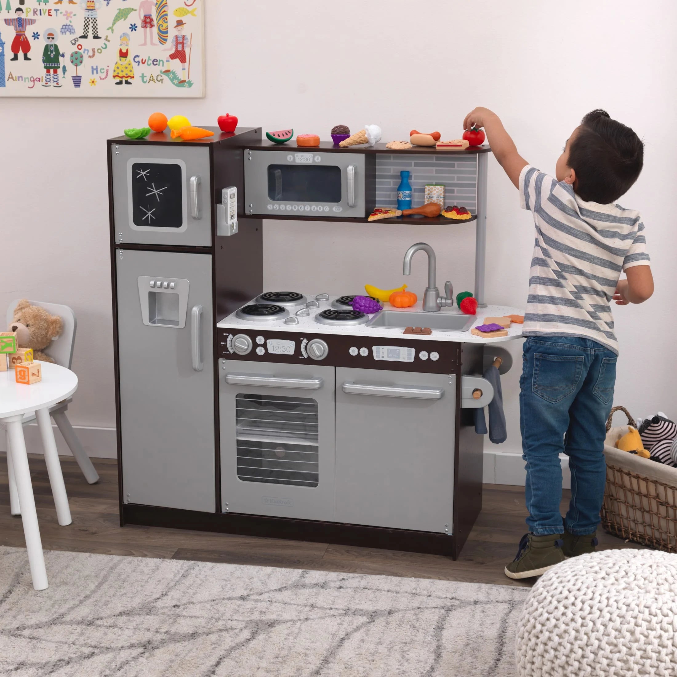 KidKraft Uptown Espresso Wooden Play Kitchen with 30-Piece Food Set, Interactive Features, Modern Design